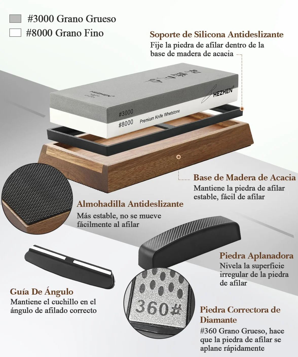 HEZHEN Piedra de Afilar Grande de Corindón Blanco, Grano 3000/8000 Doble Cara Afilador de Cuchillos Profesional, con Base Antideslizante de Madera, Guía de Ángulo y Piedra de Aplanamiento