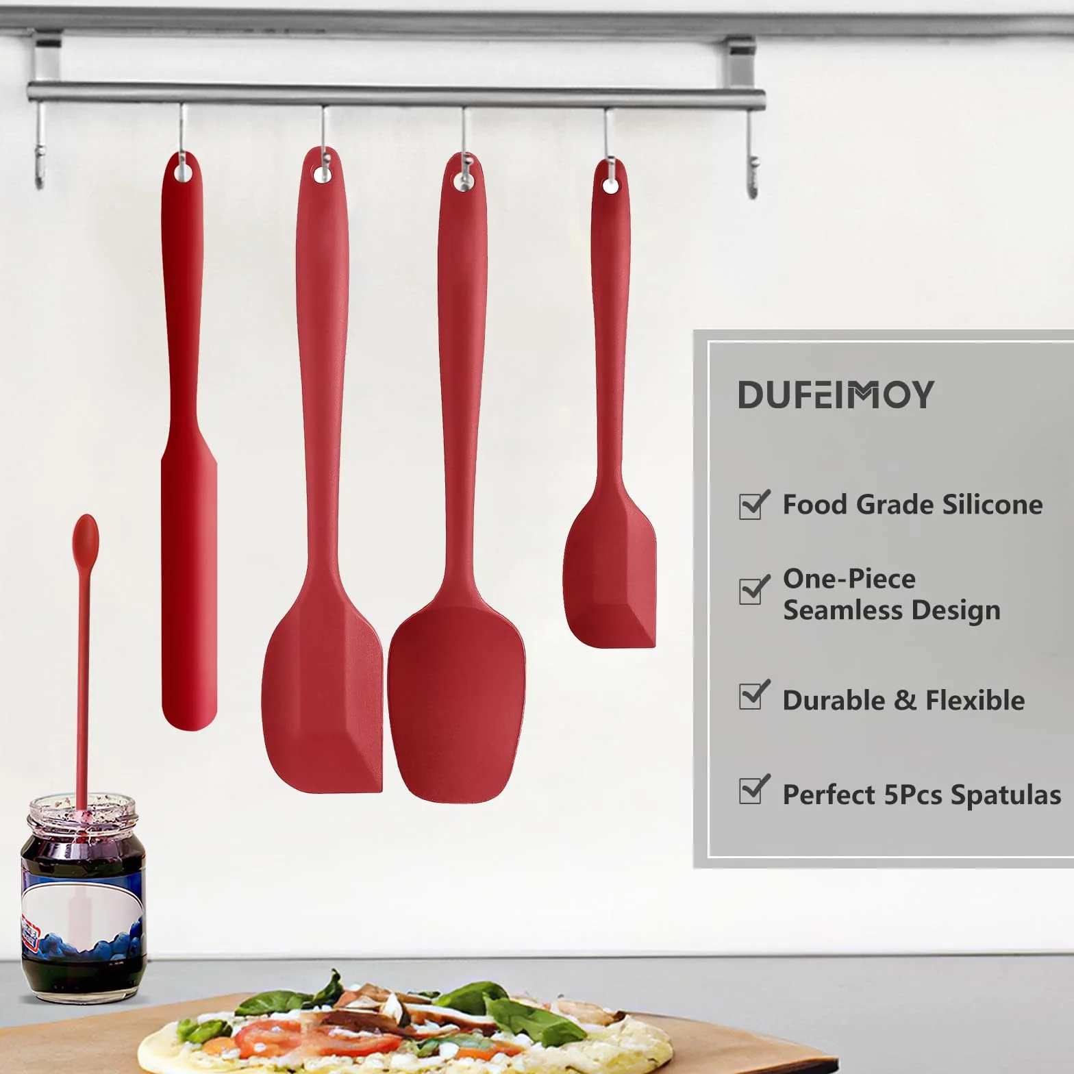 Juego de 5 espátulas de silicona rojas, resistentes al calor, juego de espátulas de cocina, aptas para lavavajillas, utensilios de cocina antiadherentes, para hornear y cocinar