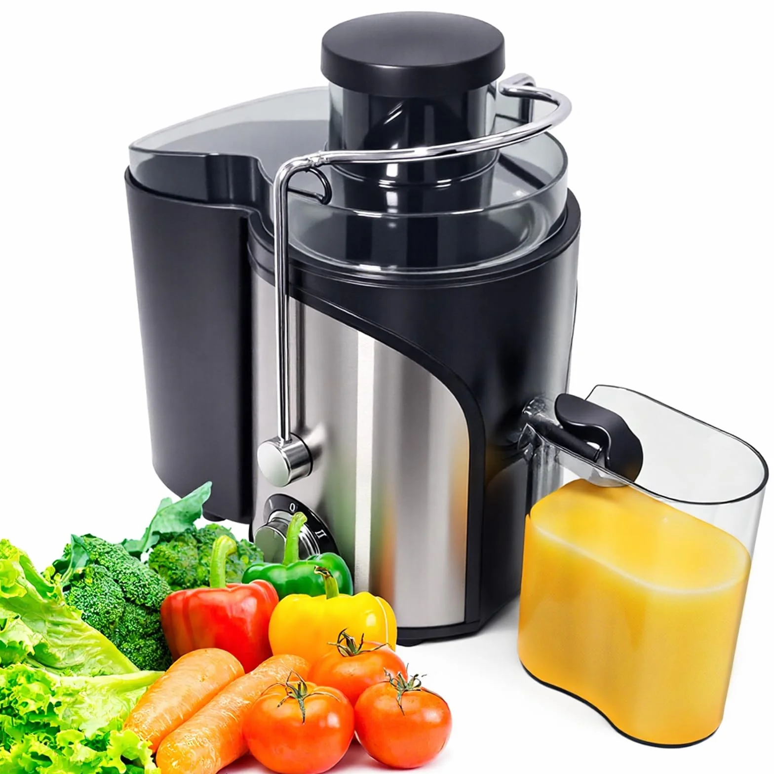 WOOX Exprimidor de Zumos, Exprimidor Eléctrico Silencioso para Verduras y Frutas de Acero Inoxidable, Recipiente de 500 ml, Negro/Acero