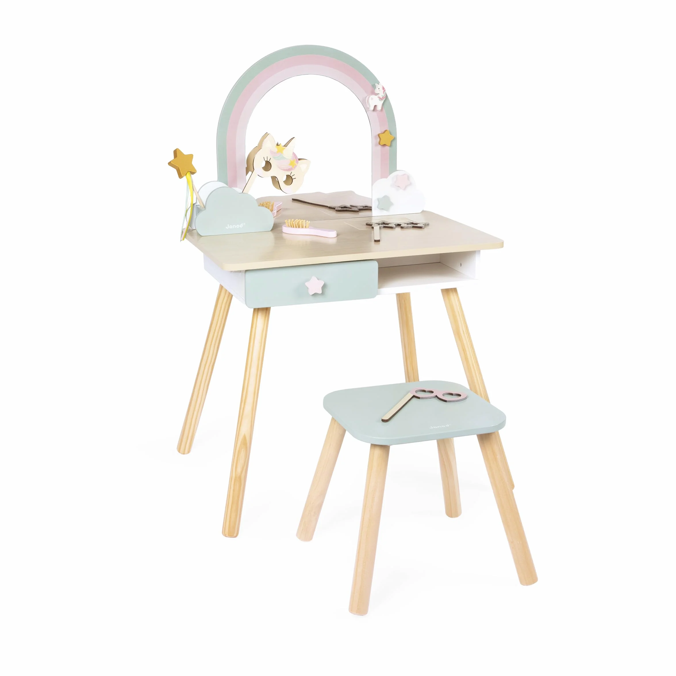 Janod Tocador Niña Unicornio Imitación Juego con Espejo y Taburete 10 Accesorios 56,6x42,5x86,25 cm 3+