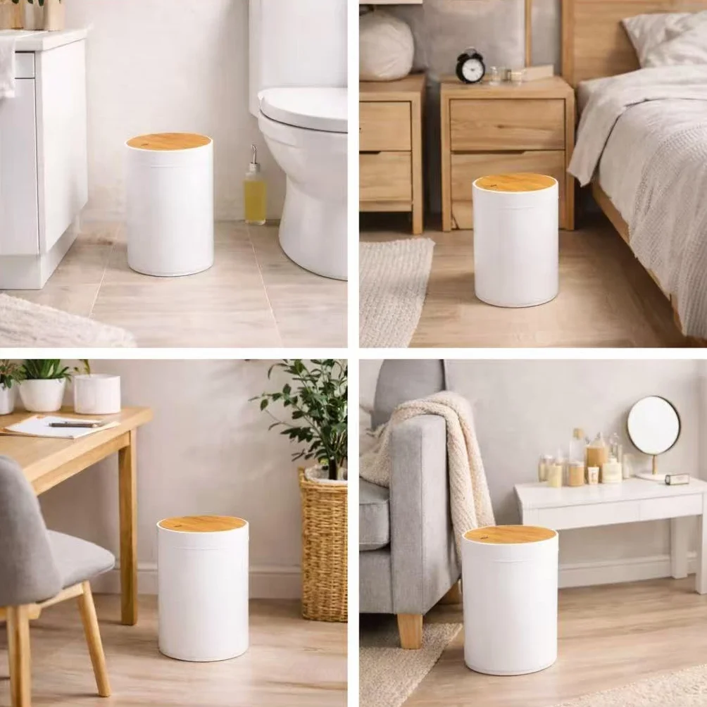 Papelera de Baño 5L Bambú Natural Tapa Basculante Blanca Minimalista