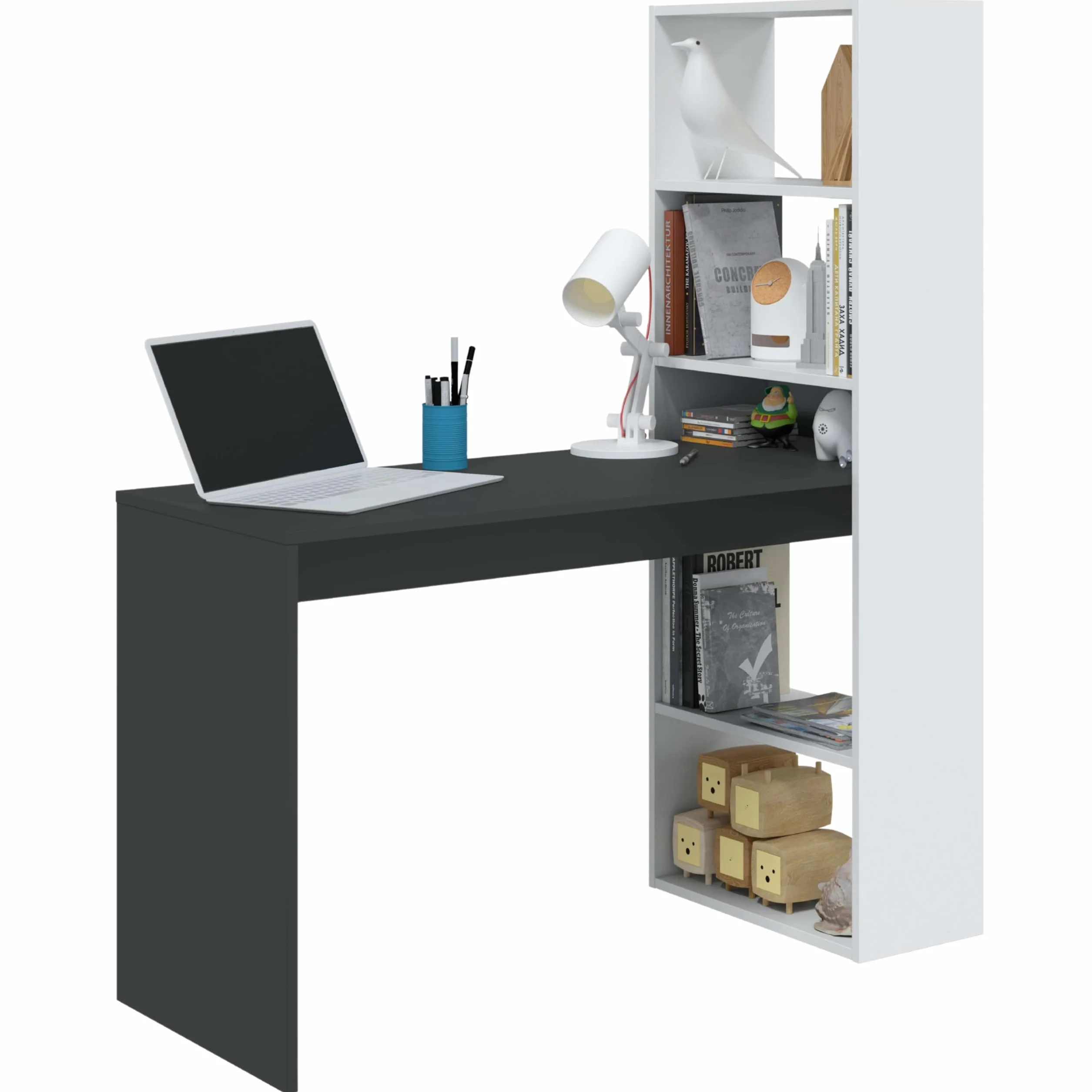 Habitdesign, Escritorio con Estanteria Reversible, Blanco Artik y Gris Antracita, Modelo Duplo, Medidas: 120 cm (Ancho) x 53 cm (Fondo) x 144 cm (Alto)