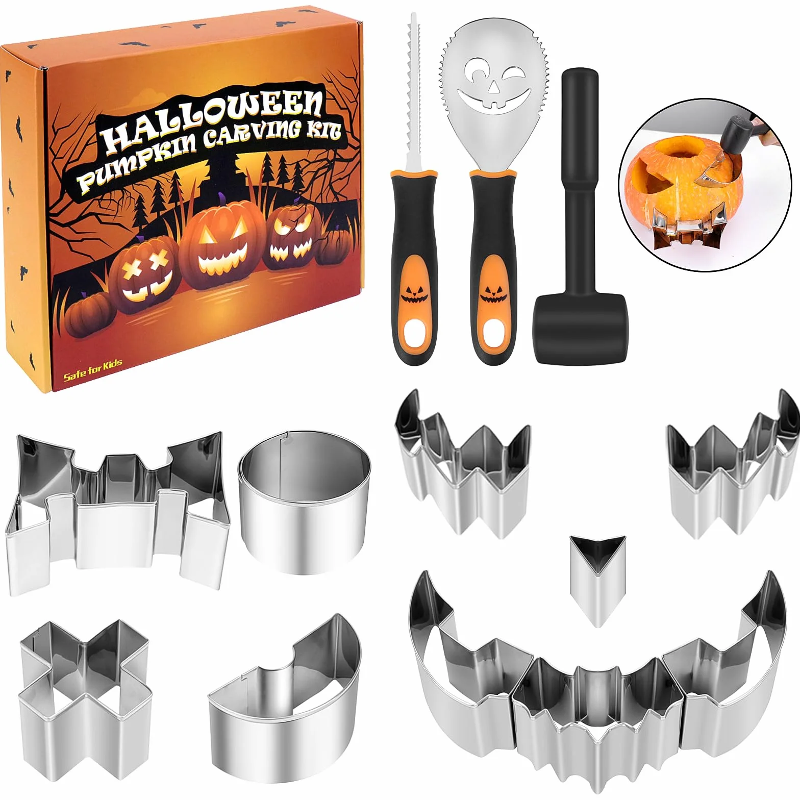 Meetory Juego de 13 piezas para tallar calabaza de Halloween, kit de acero inoxidable con plantillas