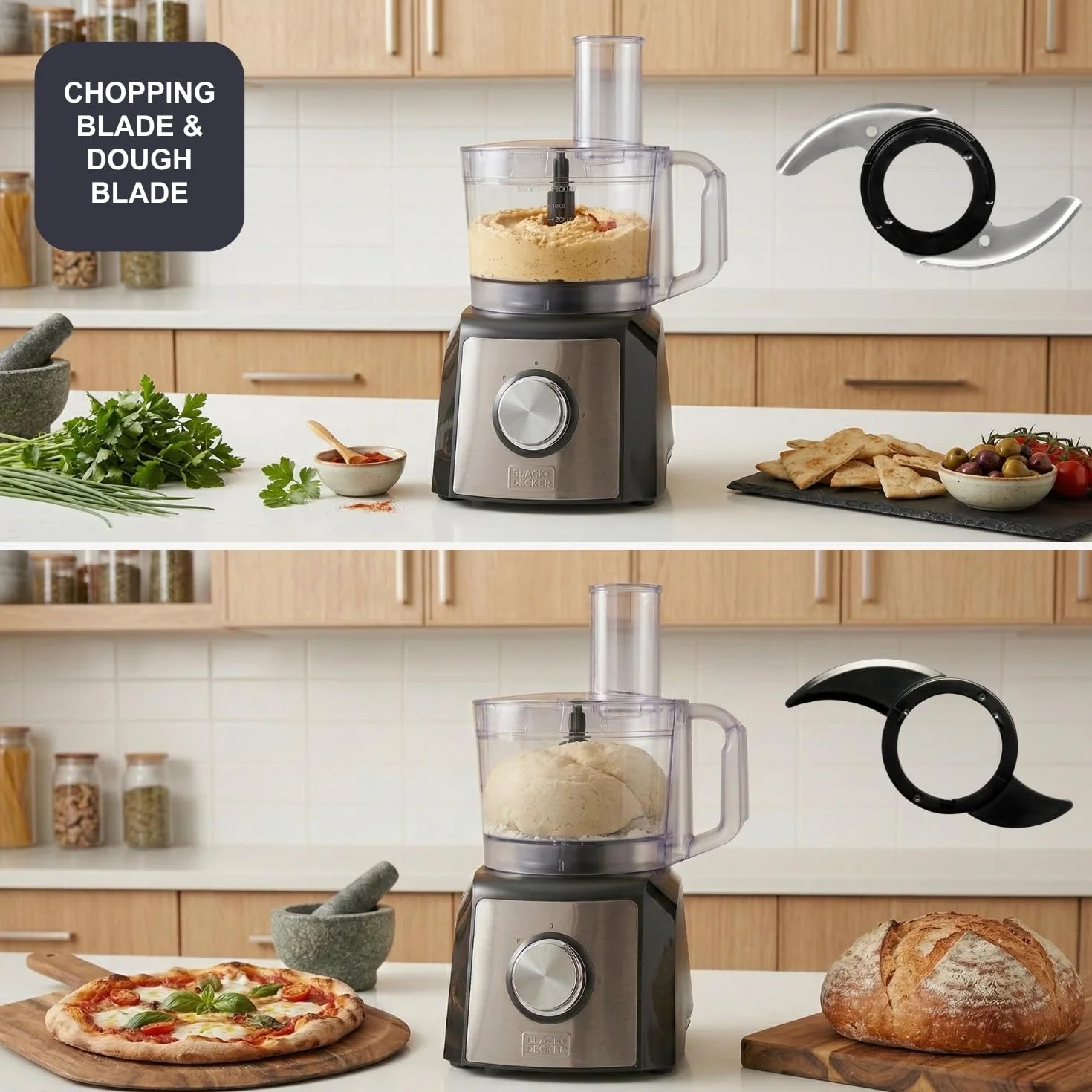 BLACK+DECKER – Procesador De Alimentos BXFPA1200E | 1200W | Jarra 1.5L | 2 Velocidades + Turbo | +8 Accesorios | Inox Antihuellas | Cuchillas Y Discos INOX | BPA Free | Antideslizante
