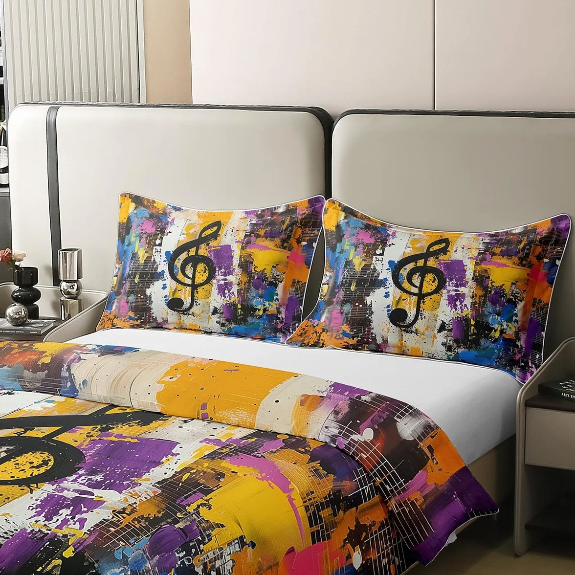 Notas musicales 100 % algodón natural edredón tamaño XL colorido arte callejero graffiti hippie ropa de cama juego de ropa de cama tema musical hip pop música colcha cubierta 3 piezas