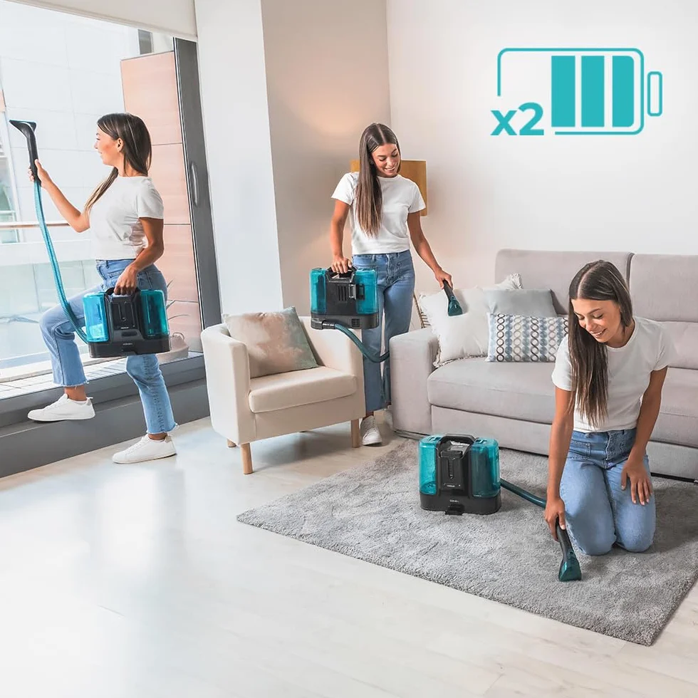 Cecotec Limpiador Aspirador de Tapicerías y Alfombras sin Cable Conga Carpet&Spot Clean Infinity. 150W, 2 Baterías Intercambiables, Autonomía 60Mins, Pulverizador de Agua y Accesorio Limpia Ventanas