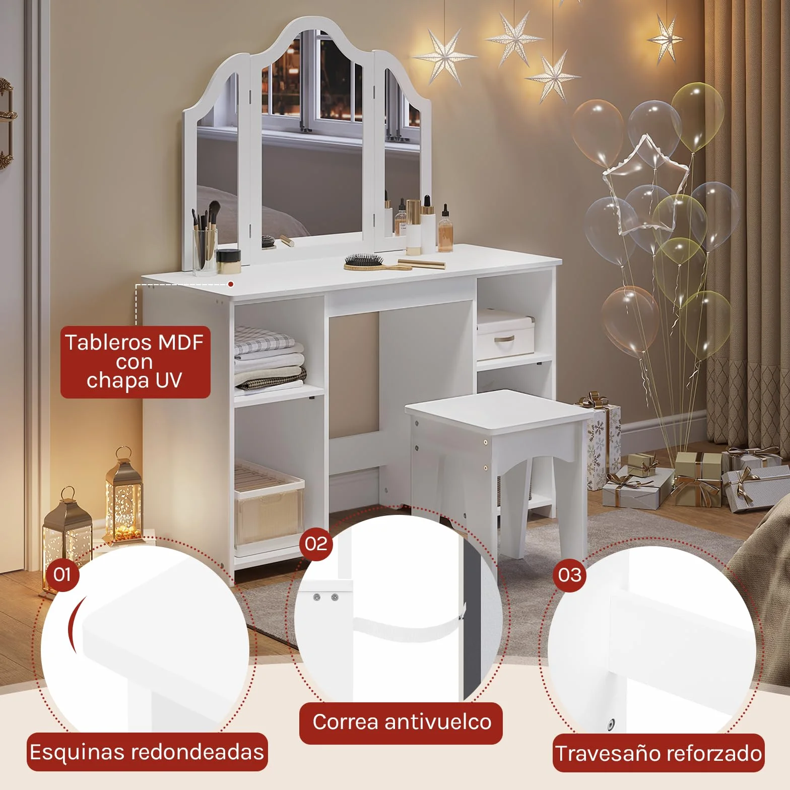 WOLTU Mesa Tocador Infantil 3 Piezas con Taburete y Espejo Plegable, Blanco MDF