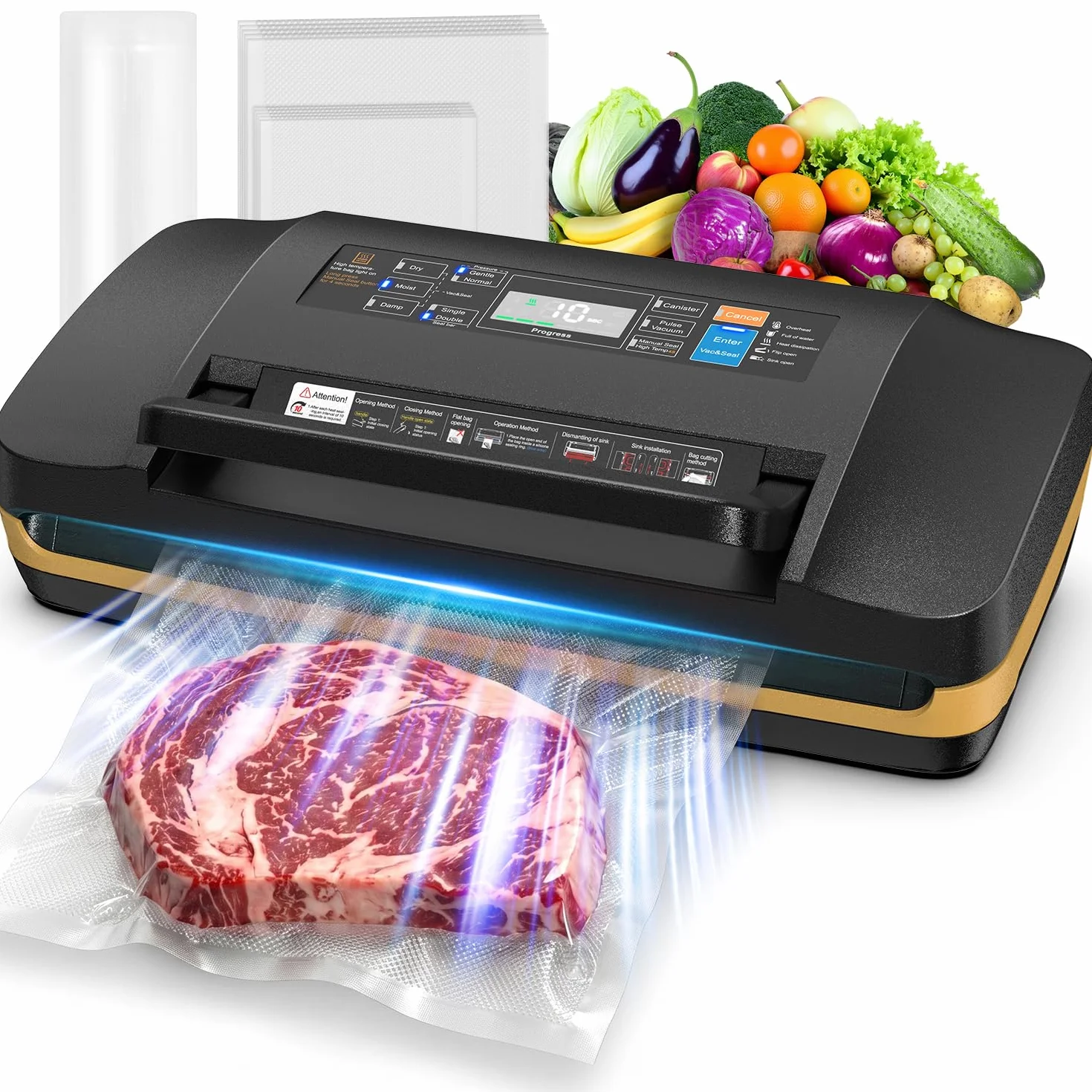 Envasadora al Vacío Doméstica Profesional 95 kPa, Máquina de Envasar al Vacío para Alimentos 18 en 1, Selladora al Vacío con Doble Sellado, Cortador Integrado, Seco/Húmedo, Sous Vide