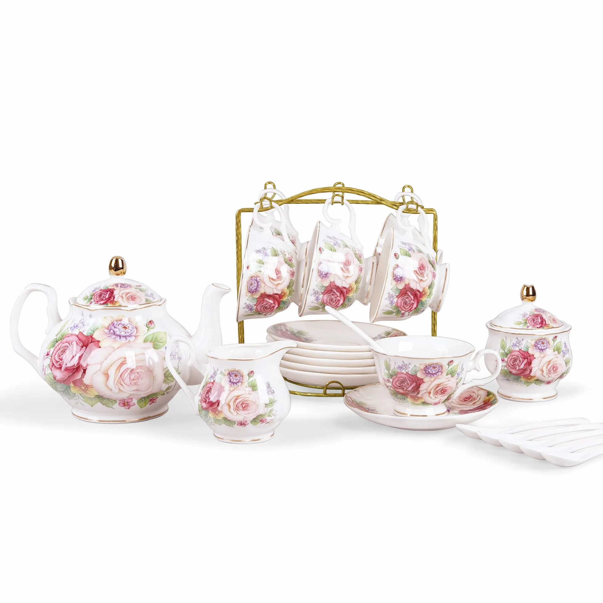 fanquare Juego de Té Europeo de 21 Piezas de Porcelana, Servicio de Café de Cerámica Rosa, Servicio de Té de Boda para Tarde de Té, Café
