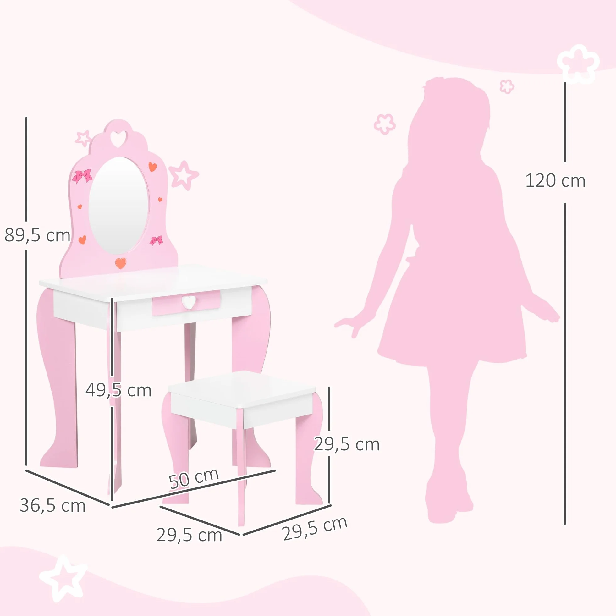 ZONEKIZ Tocador Infantil Madera con Espejo y Taburete para Niñas 3-6 Años 50x36,5x89,5 cm Rosa