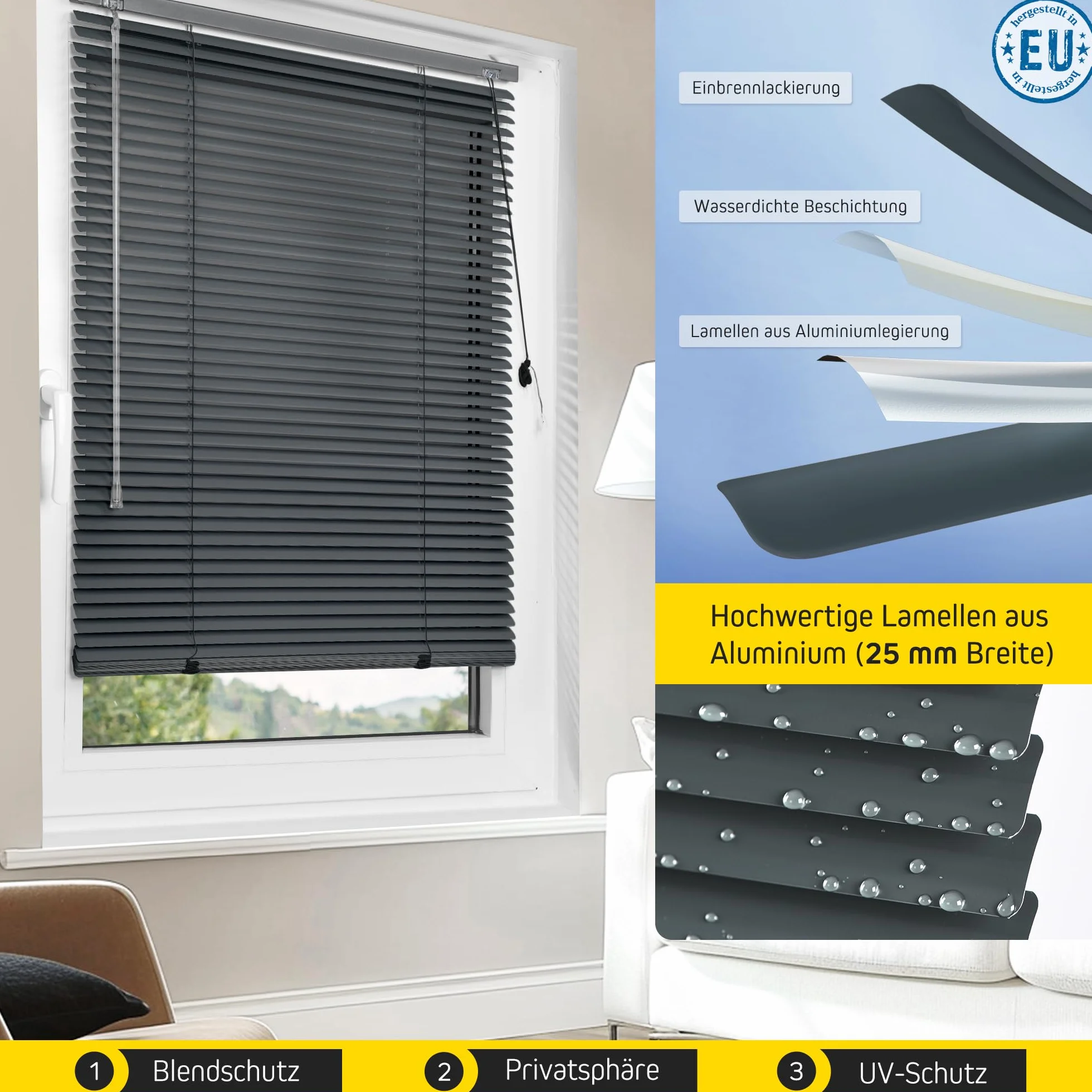 Jalousiescout Persiana Veneciana sin luz Persiana Veneciana de Aluminio, innovadora tecnología de oscurecimiento, protección de la intimidad, sin taladrar, 150 x 250 cm, Gris Oscuro Mate