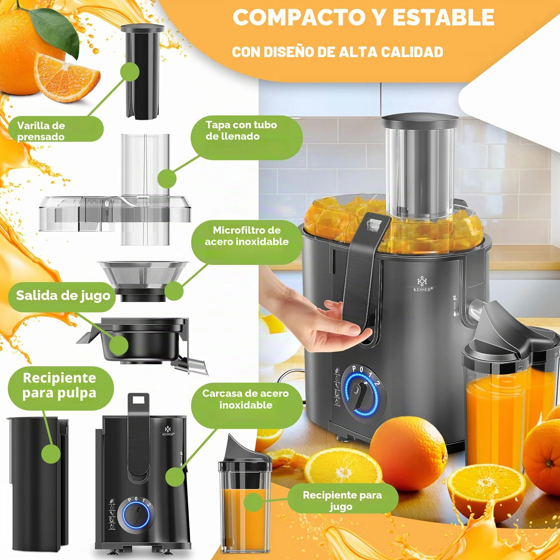 KESSER Exprimidor acero inoxidable 1100W, abertura 85 mm, 3 velocidades, Negro