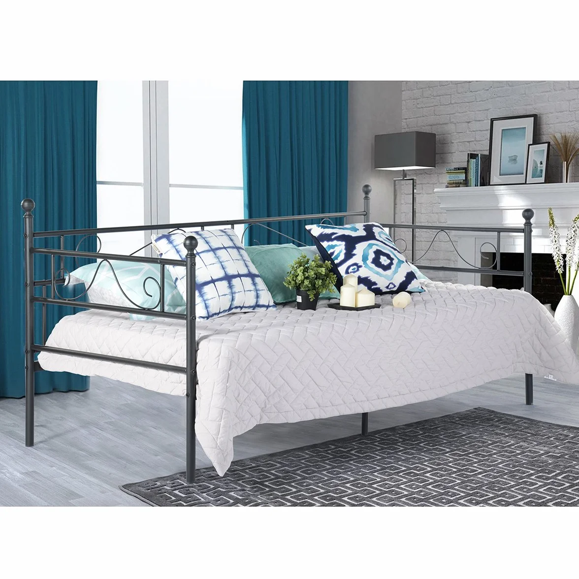 Marcos Diván Cama Individual de Metal, Estructura Sofá Cama Hierro Forjado para Adultos, Adecuado para Colchón de 90x190 cm, Negro