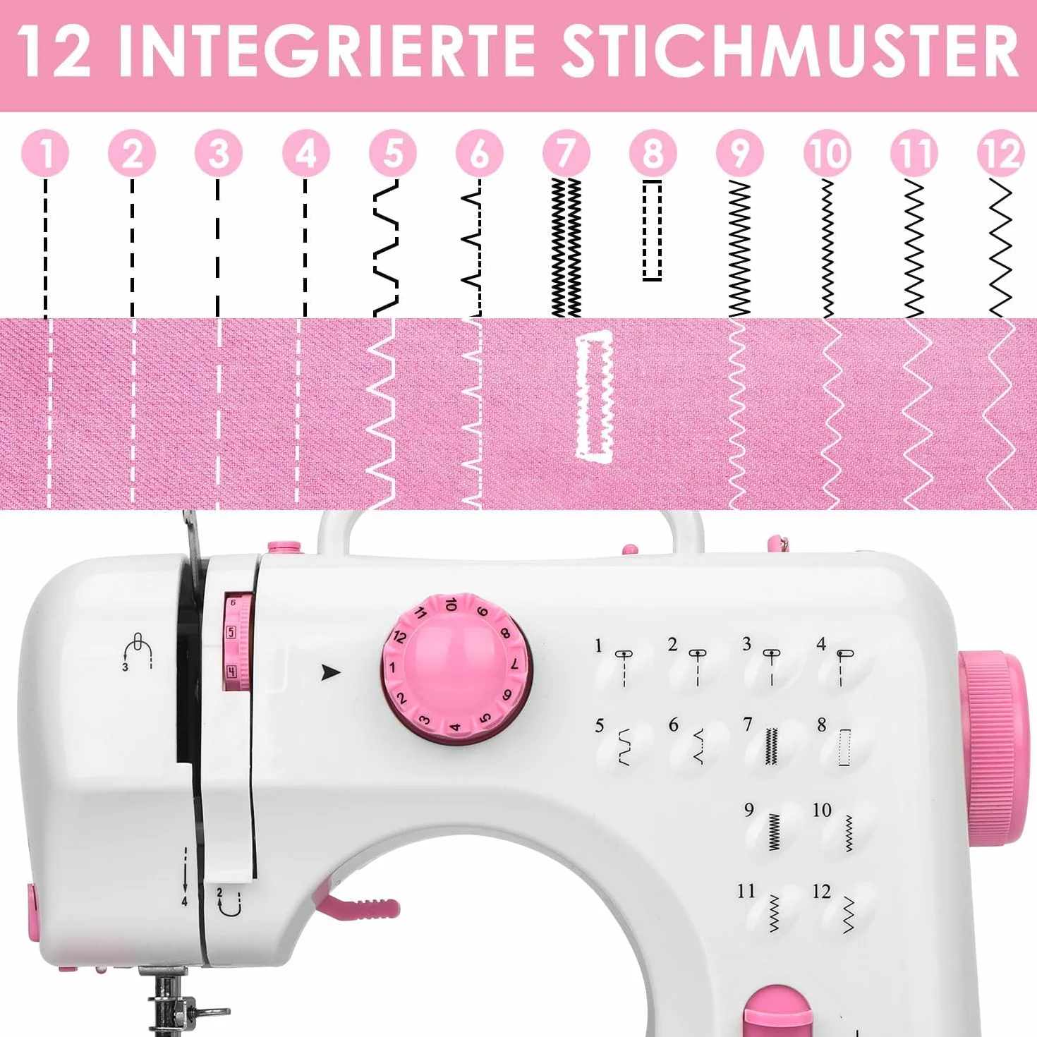 Máquina de Coser, 12 Puntadas Maquina de Coser Niña, Automático Pespunte Doble Hilo Portátil Maquina de Coser Manual para el Hogar con Dos Velocidades y Luz LED, para Adultos Niños (Rosa)