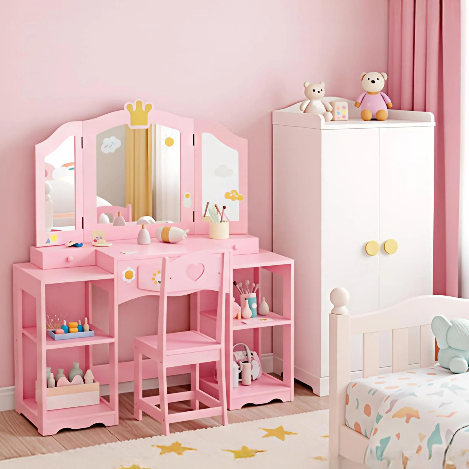Bonnlo Tocador Infantil con Espejo de Tres Paneles y Taburete, Mesa de Maquillaje de Madera con Diseño de Corona, Rosa, Grande