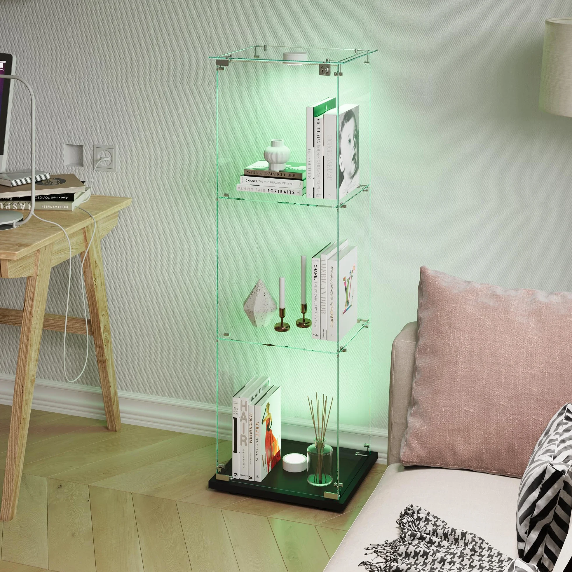 vitrina de cristal con LED, armario de colección moderno con 3 estantes 1 puerta, vitrina de pie para sala de estar, dormitorio, oficina, 123 x 40 x 35 cm (negro + puertas individuales + luces
