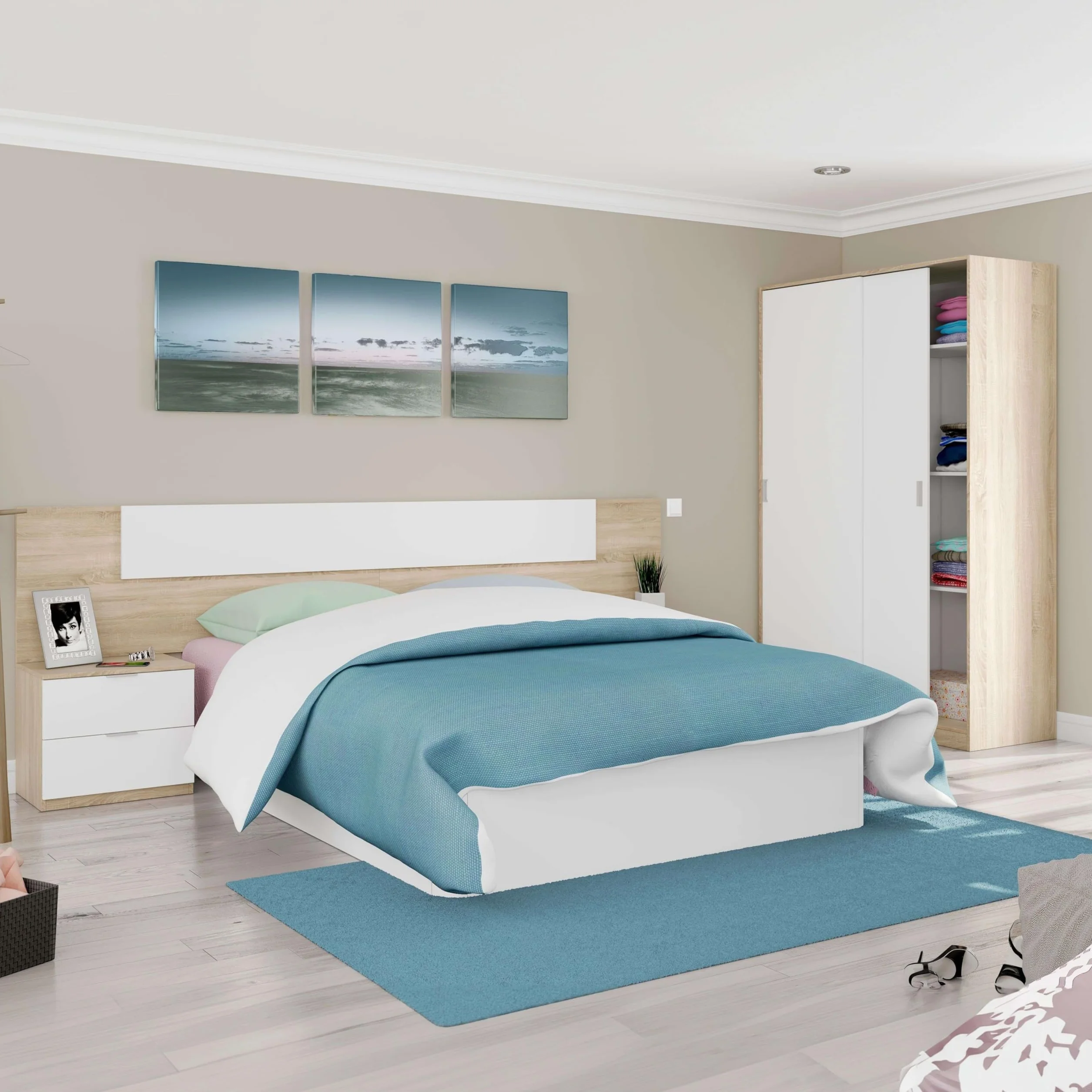 Miroytengo Pack Muebles Dormitorio Matrimonio Luca Completo Color Roble Y Blanco Habitación Moderno (cabecero + Armario)