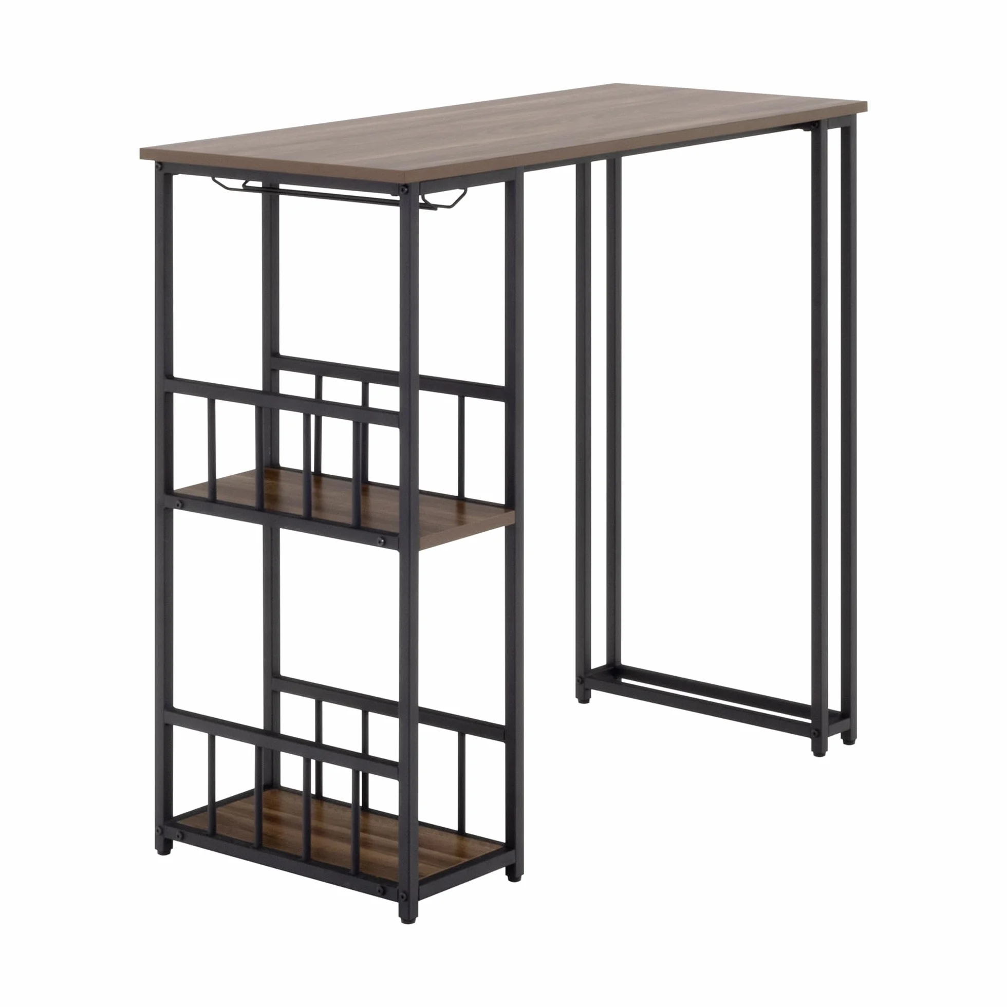 Gavin Mesa de Bar 110x50 cm | 105 cm de Altura | con 2 estantes y portavasos, Estructura de Acero, fácil de Montar, Estilo Industrial, Color Nogal