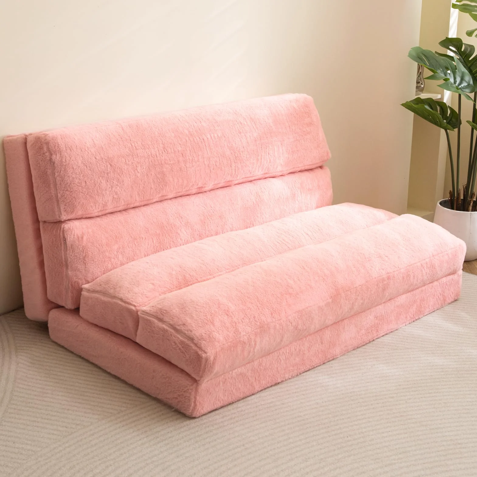 MAXYOYO Cama Puf, Sofá Cama Plegable, Colchón de Suelo Extra Grueso Plegable 6 veces, Sofá de Suelo Dormitorio Salón (Rosa, 100 x 240 cm)