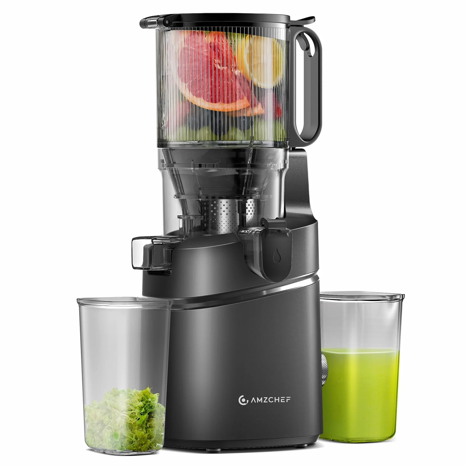 AMZCHEF Extractor de Zumos y Verduras Automático, 135MM Apertura y 1.8L Capacidad Licuadora para Verduras y Frutas Entera, 250W Licuadora Prensado en Frio Lento con Triple Filtro - Negro