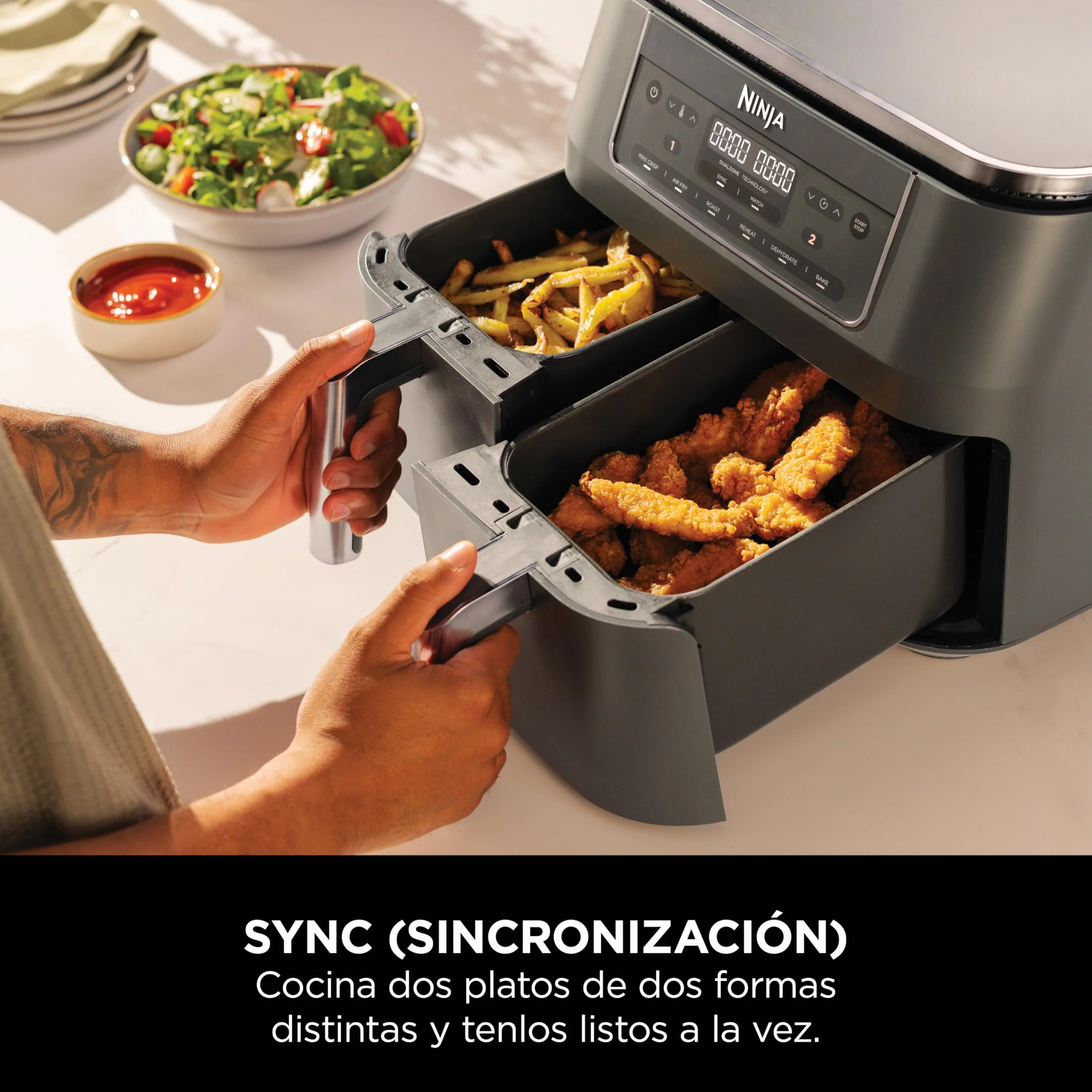 Ninja Freidora de aire con compartimento doble, 2 cajones, 7,6 l, 6 en 1, sin aceite, fríe con aire, gratina, asa, hornea, recalienta, deshidrata, cestas antiadherentes, gris metalizado DZ300EU