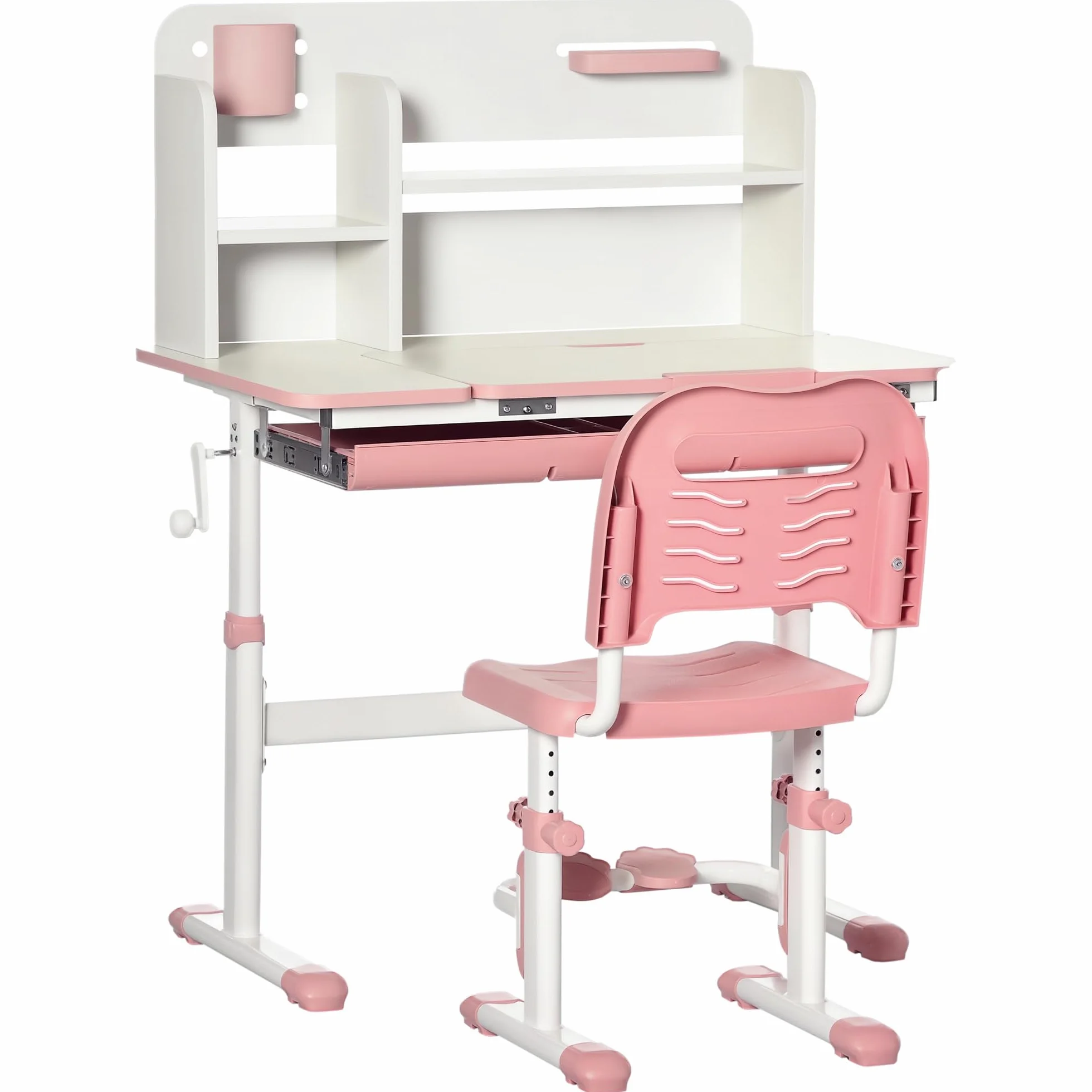 HOMCOM Escritorio y Silla para Niños +3 Años Altura Ajustable Mesa Inclinable Cajón Estantería 80x52x88-109 cm Rosa