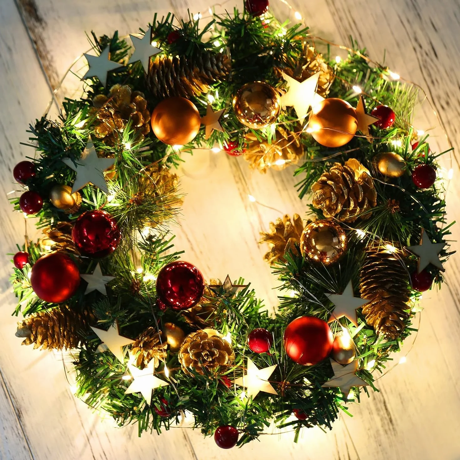 Naler Guirnalda de Corona de Navidad LED Puerta Decoración Navideña con Bolas Piñas Conos con Luz Blanca Cálida