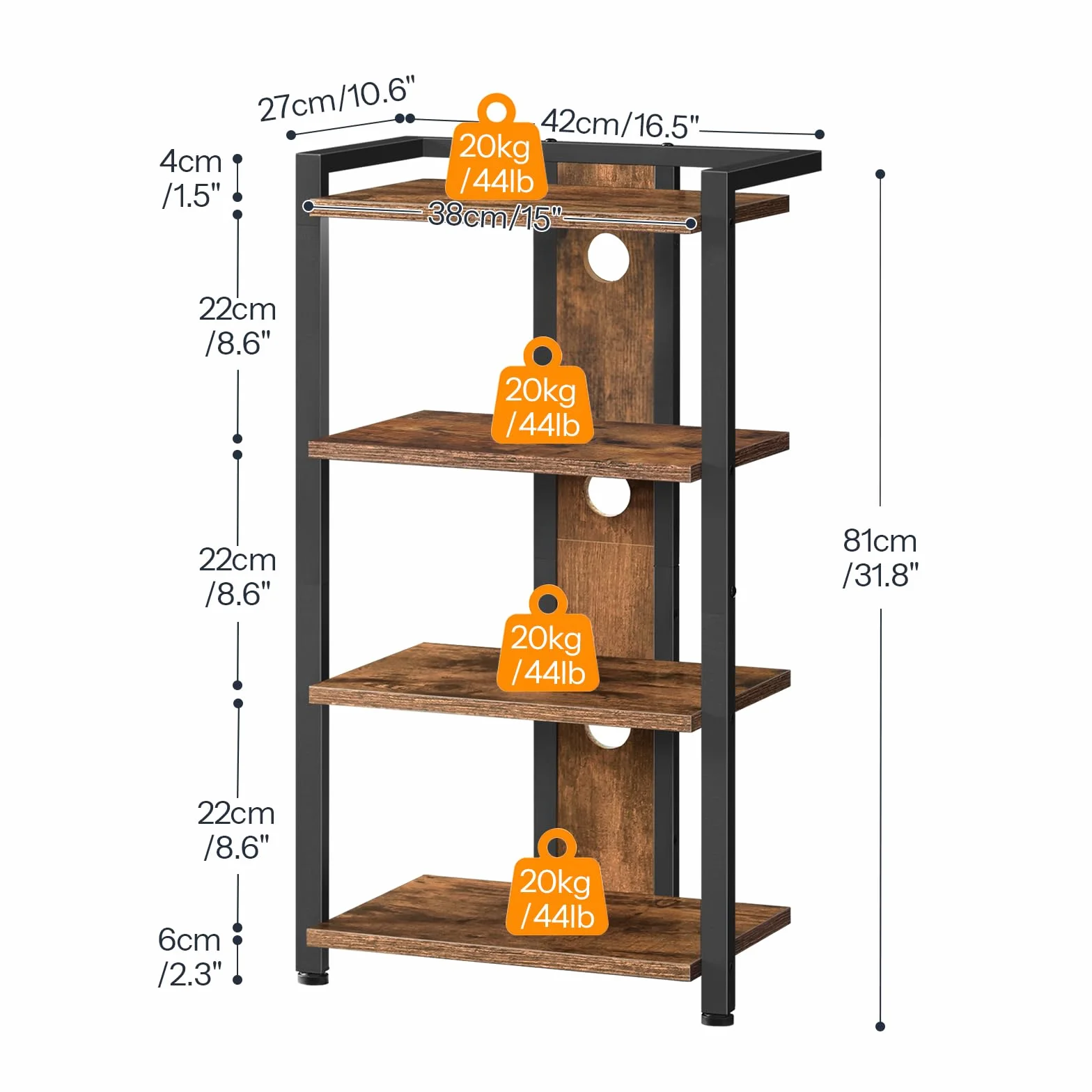 HOOBRO Mueble Tocadiscos, Mueble HiFi con 4 Estante, Soporte de Multimedia con Orificios para Cables, Soporte para Discos, Hi-Fi, Videoconsola, Proyector, Router WiFi, Marrón Rústico y Negro EBF38CJ01