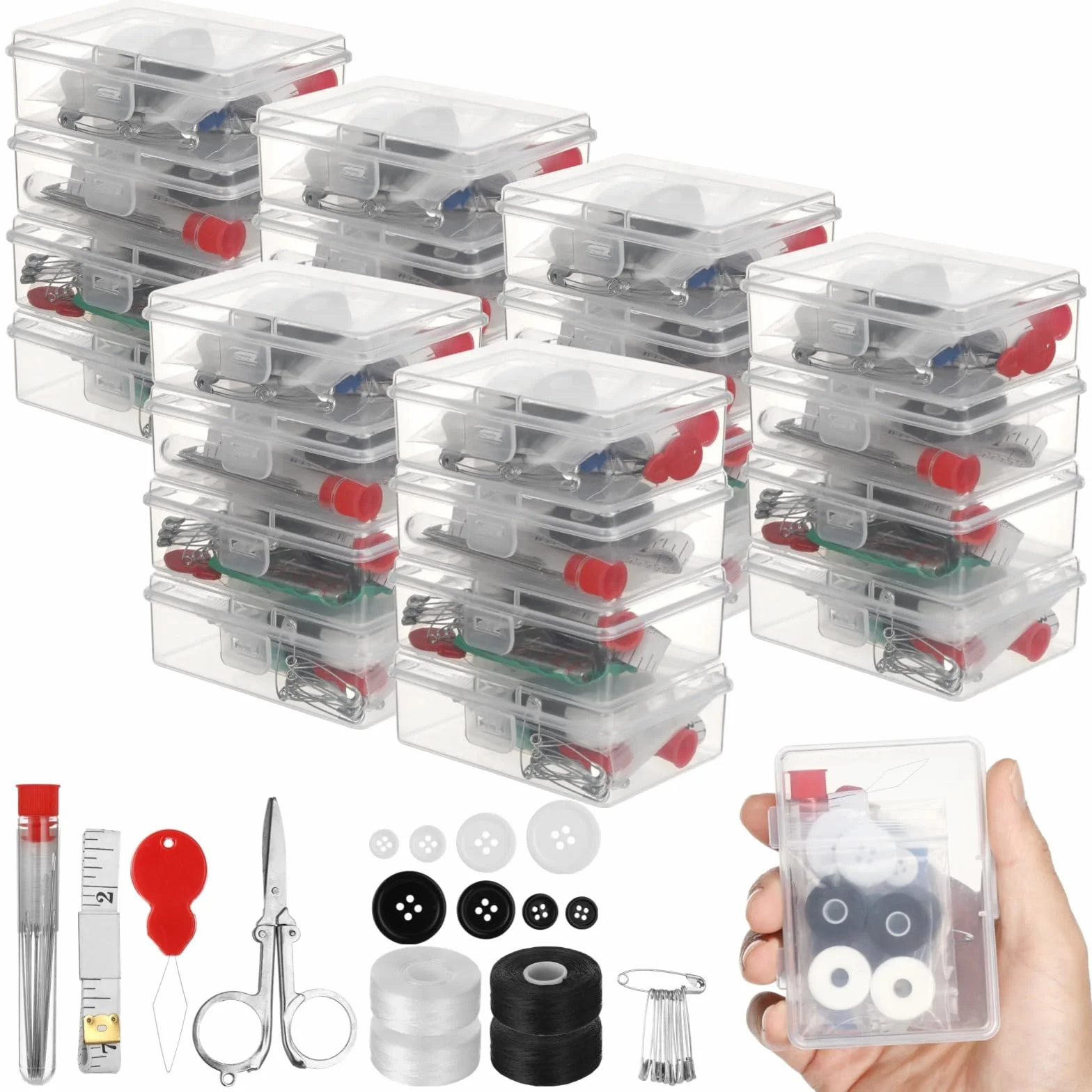 byepica 24 juegos de mini kits de costura para viajes, kit de emergencia de costura de 40 piezas, con funda transparente, idea de regalo