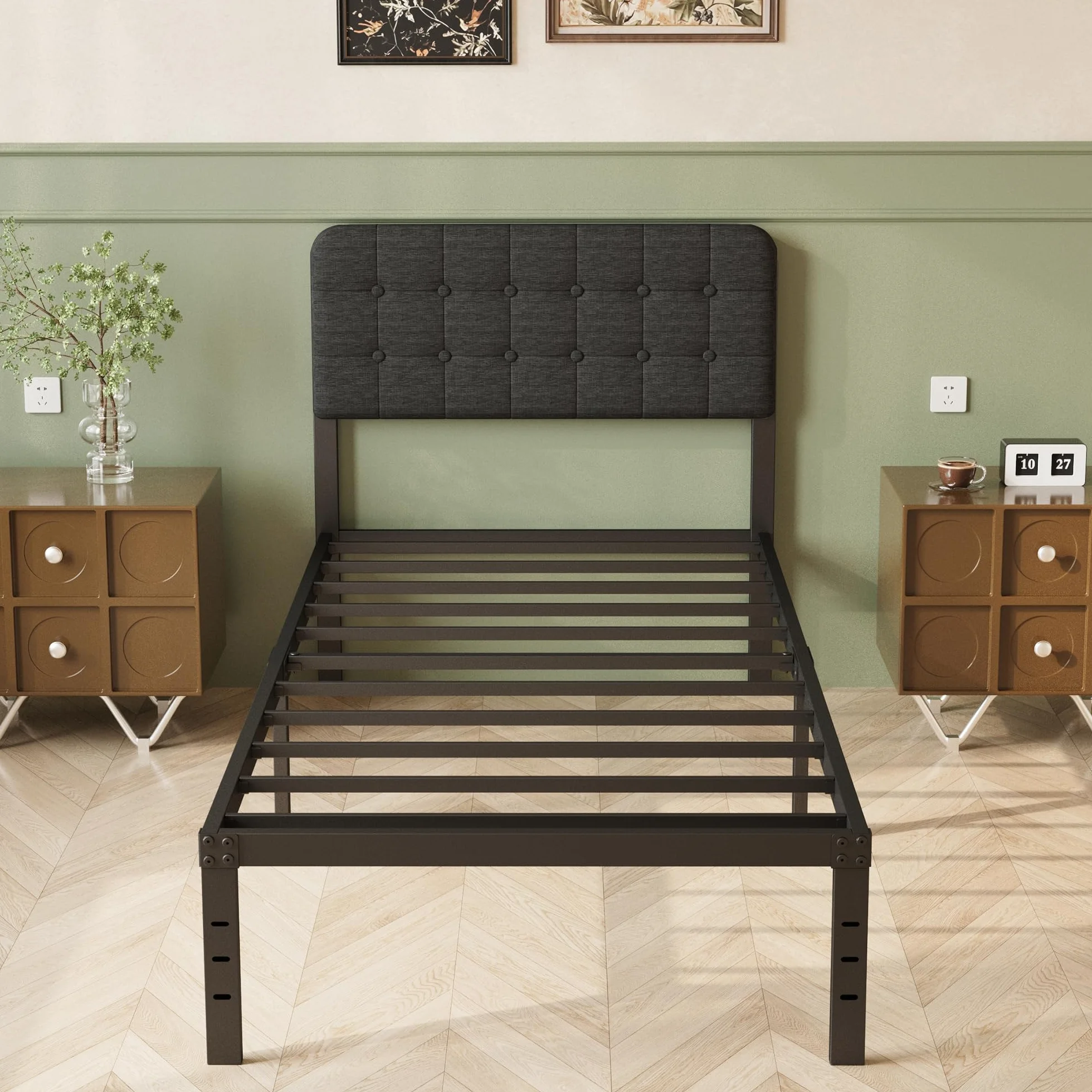 Lutown-Teen Cama 90 x 200 cm con Cabecero Tapizado Curvo, Somier 90x200 de Metal con Soporte de Lamas de Acero, Altura 36 cm, Almacenamiento Debajo de la Cama, Fácil Montaje, Libre de Ruidos, Negro