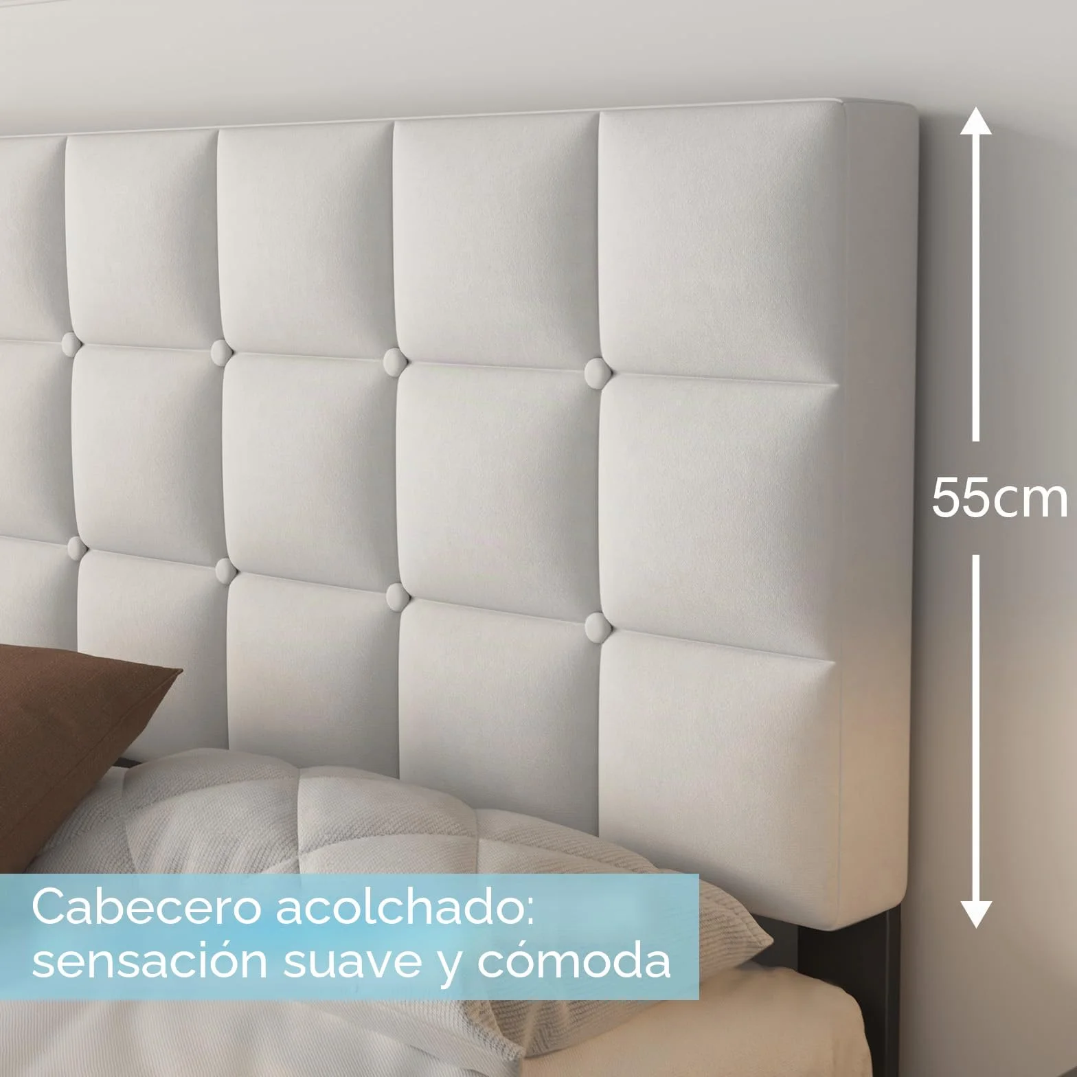 Yocreat Cama tapizada de 90 x 200 cm, cama individual con cabecero y somier, altura de 30 cm, color blanco