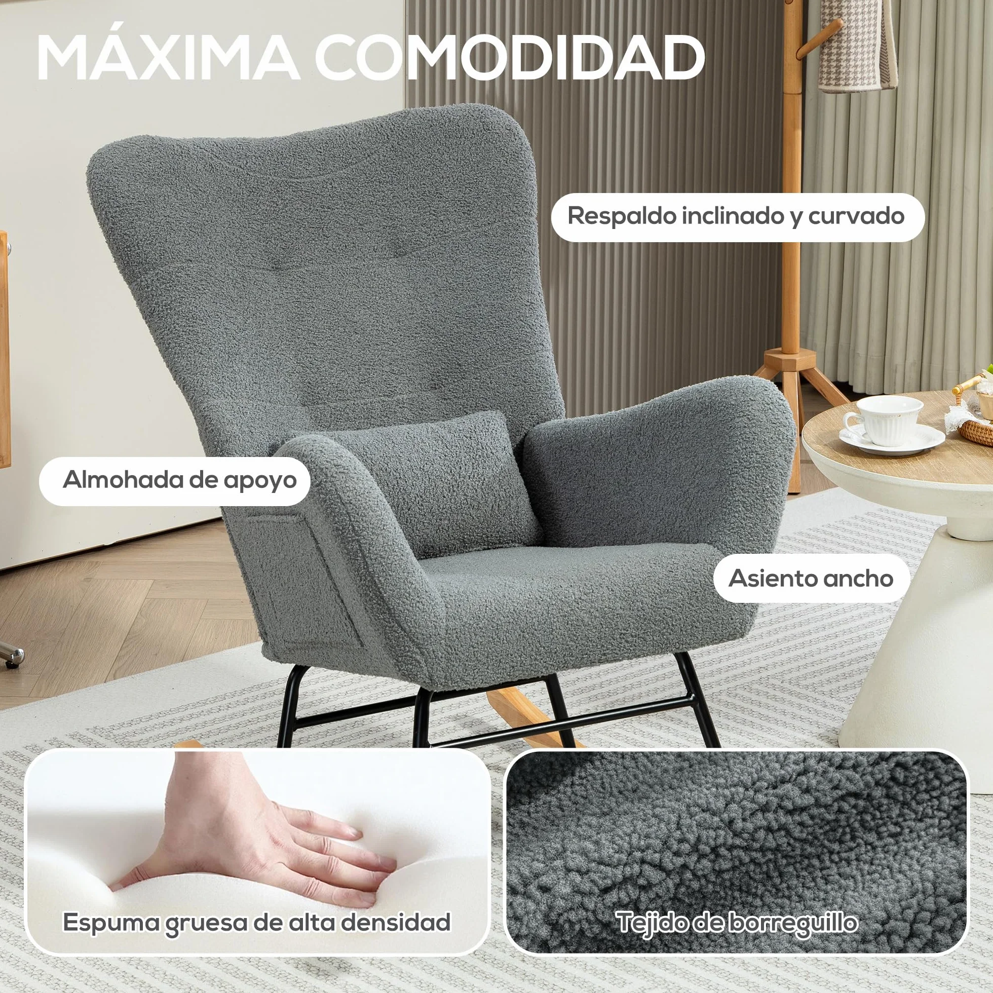 HOMCOM Silla Mecedora Moderna, Mecedora Tapizada en Terciopelo de Teddy, Sillón de Lactancia con Respaldo Acolchado Alto, Almohada, Patas de Madera, Bolsillo Lateral, para Dormitorio, Salón, Gris