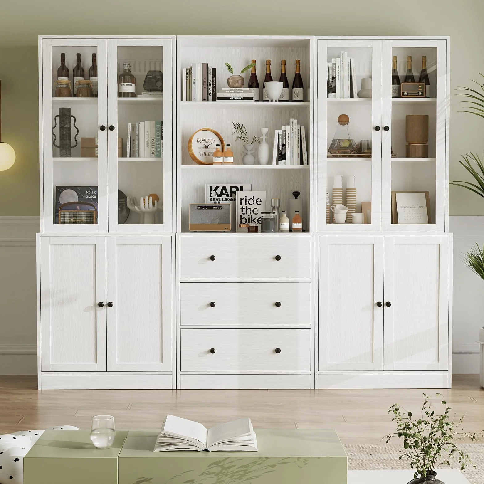 VOWNER Estantería con Puertas, 180 cm Vitrina de Cristal, Librería de 6 Niveles con Puertas y Armario, Vitrina Salón, Aparador Comedor, Aparador Cocina, Estantería Oficina, ABA (Blanco)
