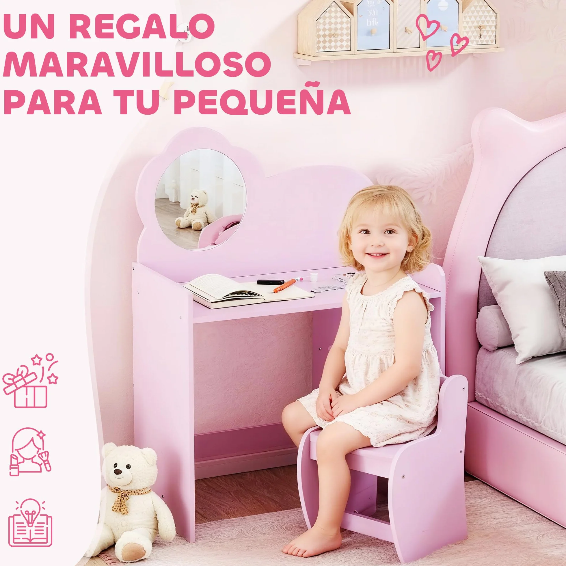 AIYAPLAY Tocador de Maquillaje Niña 2 en 1 Escritorio Infantil con Taburete Espejo Flor Estantes Abiertos Morado