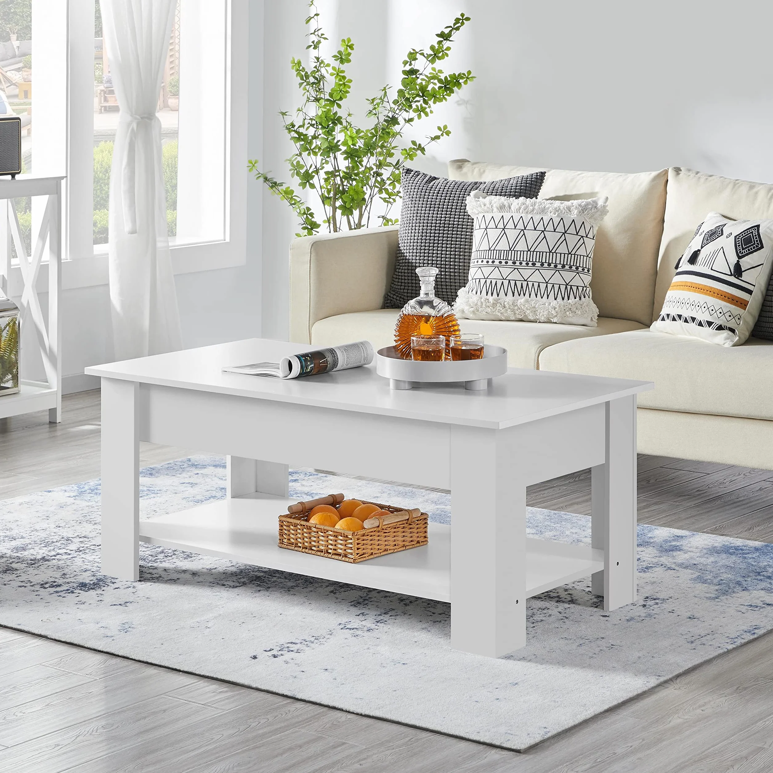 Yaheetech Mesa Centro Elevable con Estante Mesa Café con Revistero Mesita Baja de Moderno Grande para Salón 120 x 59 x 49,5 cm Blanco