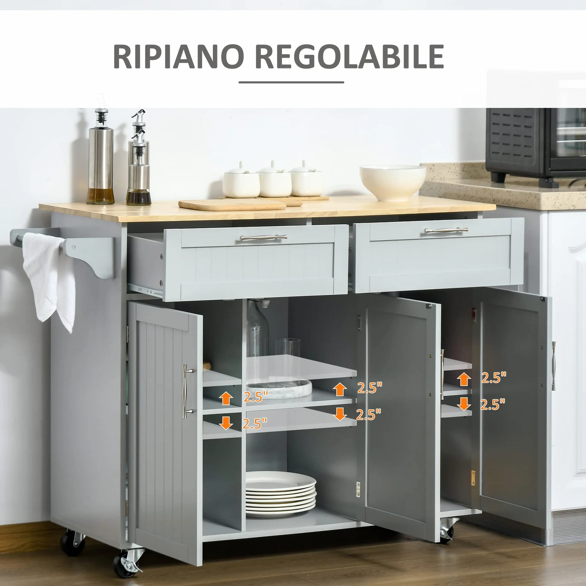 HOMCOM Isla de Cocina con Ruedas Carro de Cocina Mueble Auxiliar de Cocina con 2 Cajones 3 Puertas y Barra Lateral para Comedor 121x46x91 cm Gris