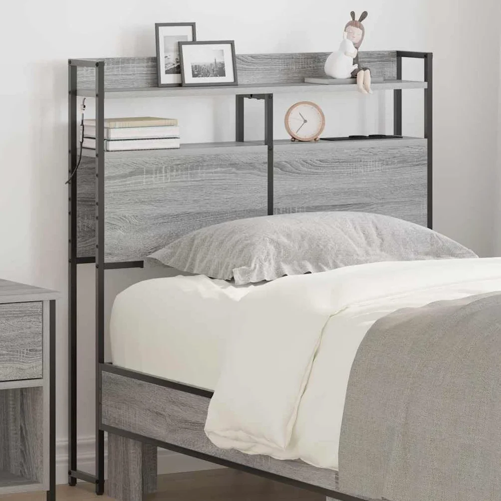 Espacio de almacenamiento cabecero cama gris Sonoma 100 cm de ancho de madera con LED y enchufe múltiple diseño moderno para jóvenes y adultos dormitorio