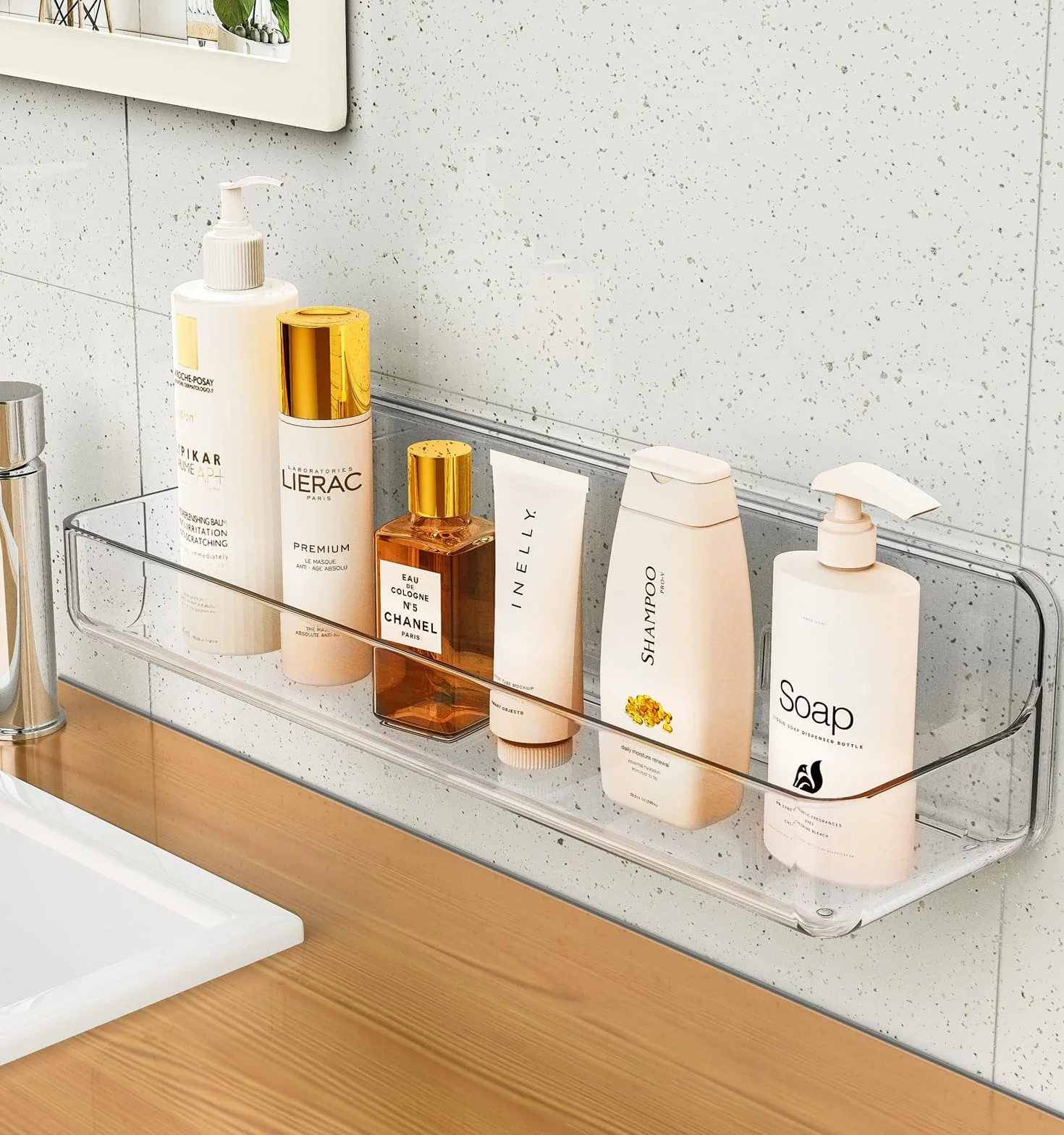 Estantes de Ducha, Organizador de Ducha de acrílico Transparente Adhesivo para baño, Transparente, sin taladrar, Almacenamiento de Ducha de Montaje en Pared