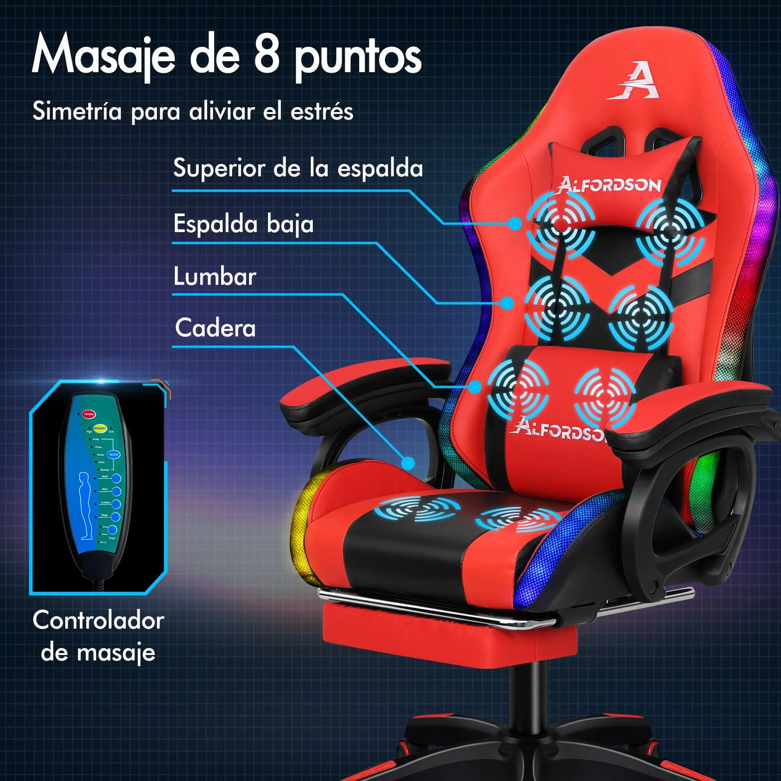 ALFORDSON Silla Gaming con Masaje y LED, Silla Gamer Ergonómica con Cojín Lumbar y Cervical, Reposapiés Telescópico, Iluminación para Ordenador, Videojuego, Juegos, Oficina, Cuero PU(Roja)