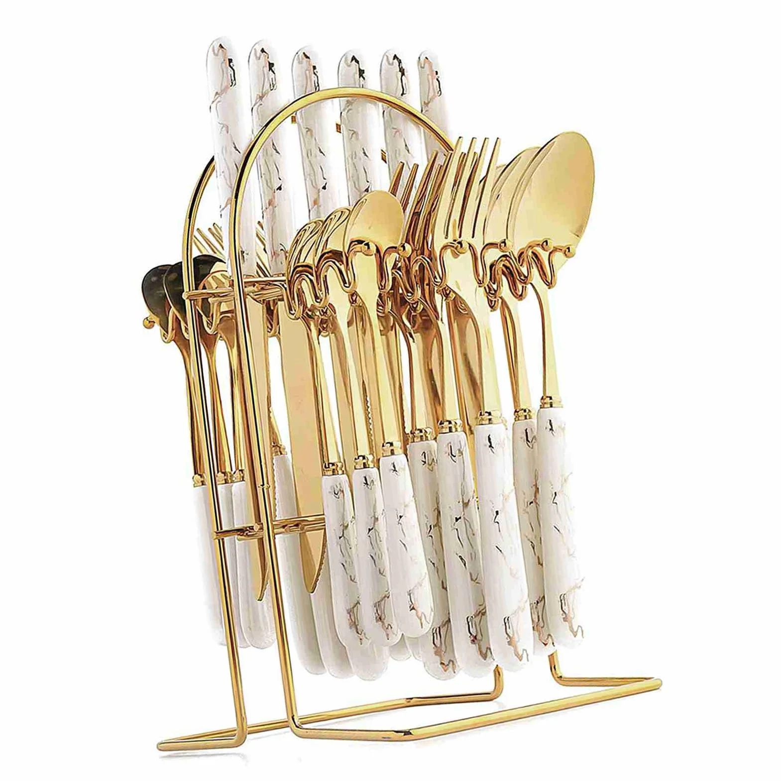 Generic Juego de Cubiertos de Acero Inoxidable Dorado, Cubiertos Pulidos con Espejo de 24 Piezas con Diseño Ergonómico para Eventos de Banquetes