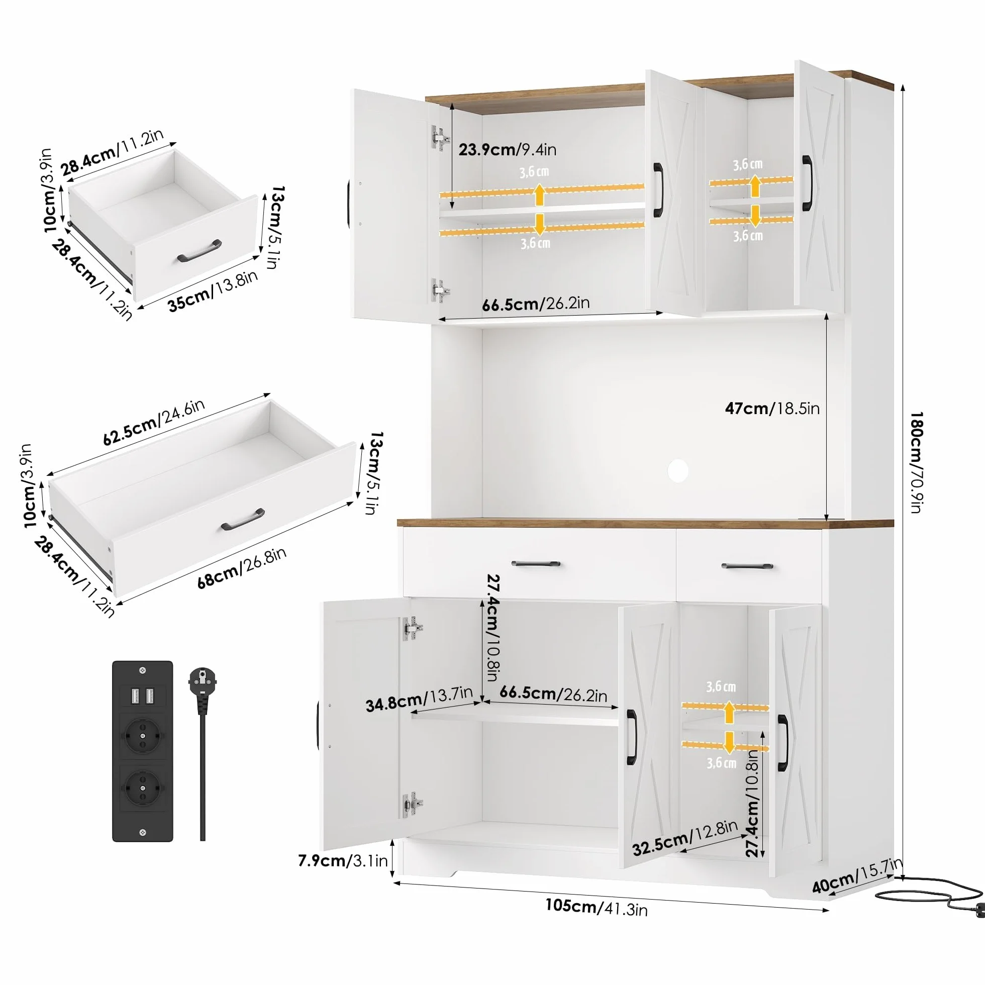 HOCSOK Alacena de Cocina 105x180 cm (BxH)，Armario Blanco con Enchufes, Estantes Ajustables, Mueble de Cocina con Soporte para Microondas, para Comedor Y Sala de Estar