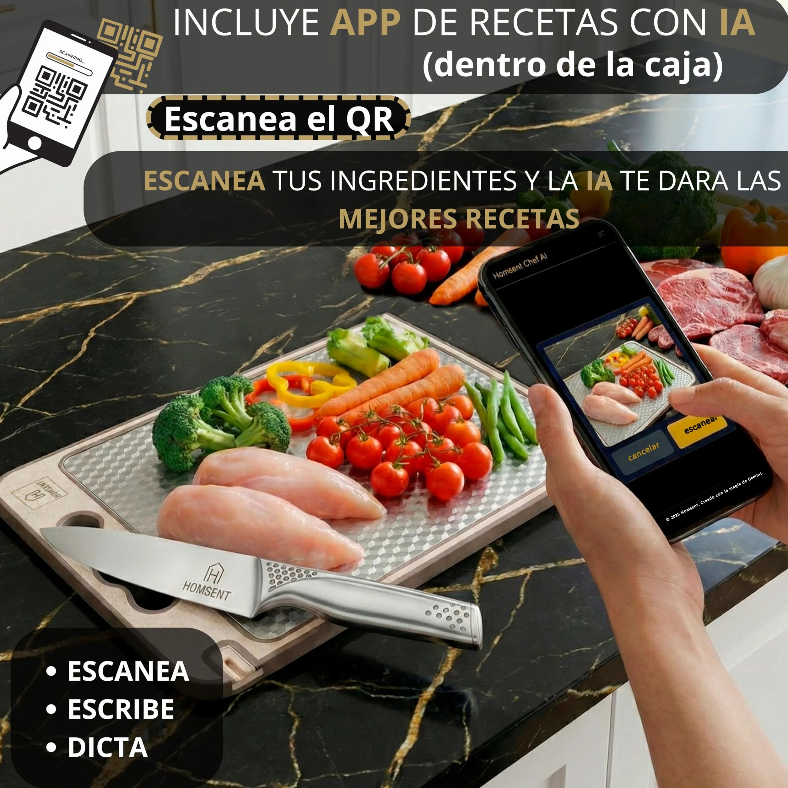 HOMSENT Set Cuchillo Chef 8" + Tabla Cortar Doble Cara Acero Inoxidable 304 Antideslizante Afilador Integrado