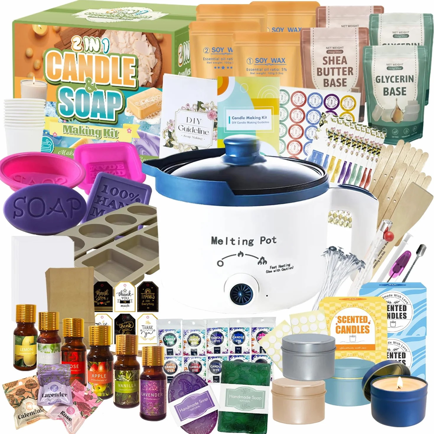 LFISGNN Kit De Fabricación De Velas Y Jabón 2 En 1 Para Principiantes, Kit Completo De Bricolaje Para Hacer Barras De Jabón Hechas A Mano Y Velas Perfumadas Con Olla De Fusión Y Accesorios