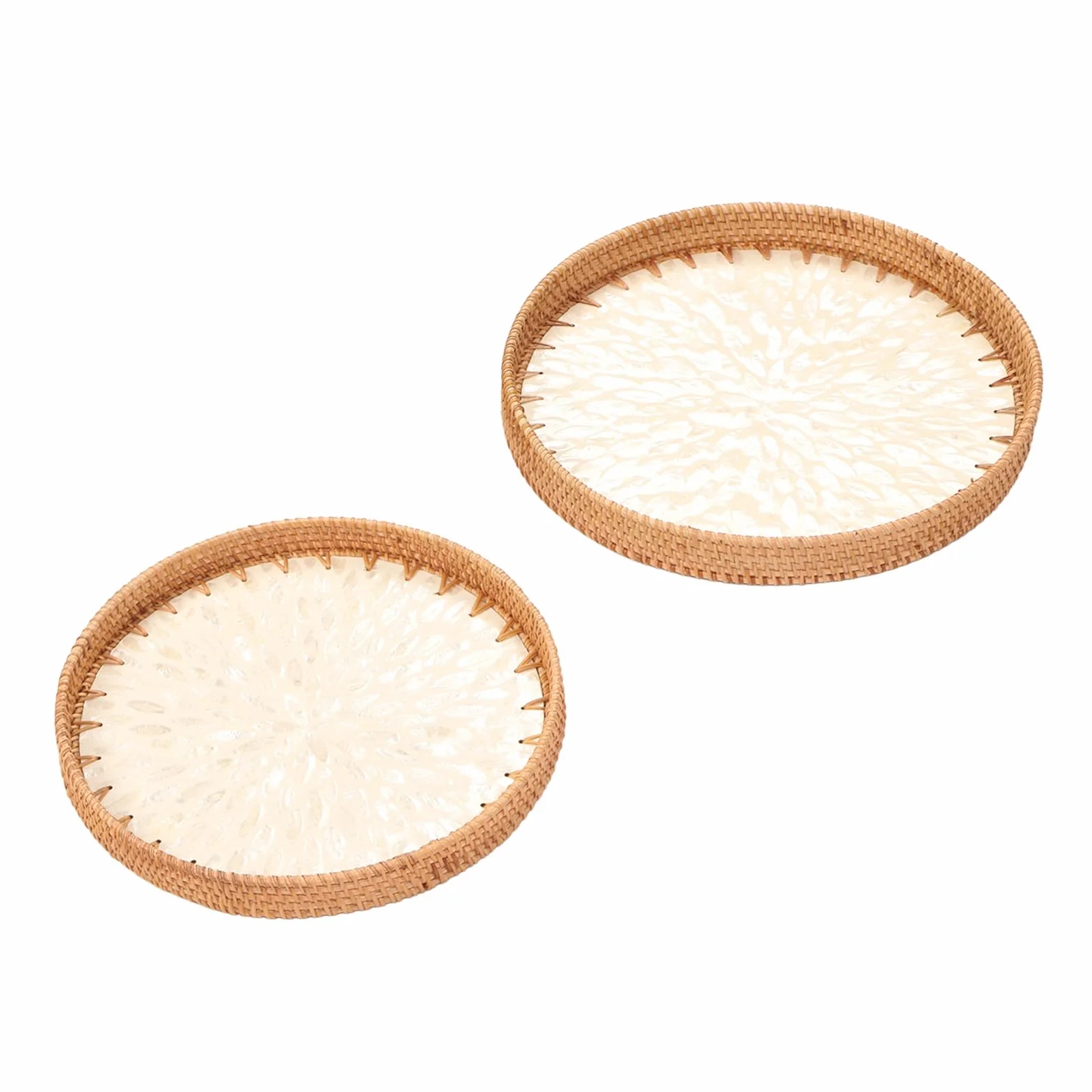 Juego de 2 bandejas de ratán tejidas a mano, diseño de peonía blanca, perfectas para decoración del hogar, cocina, fiestas y eventos, vajilla elegante