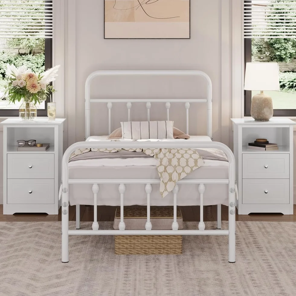 Yaheetech Mesitas de Noche con 2 Cajones 40x35x60cm Mesillas de Noche Vintage para Dormitorio Mesita de Madera Lacada para Cama Blanco