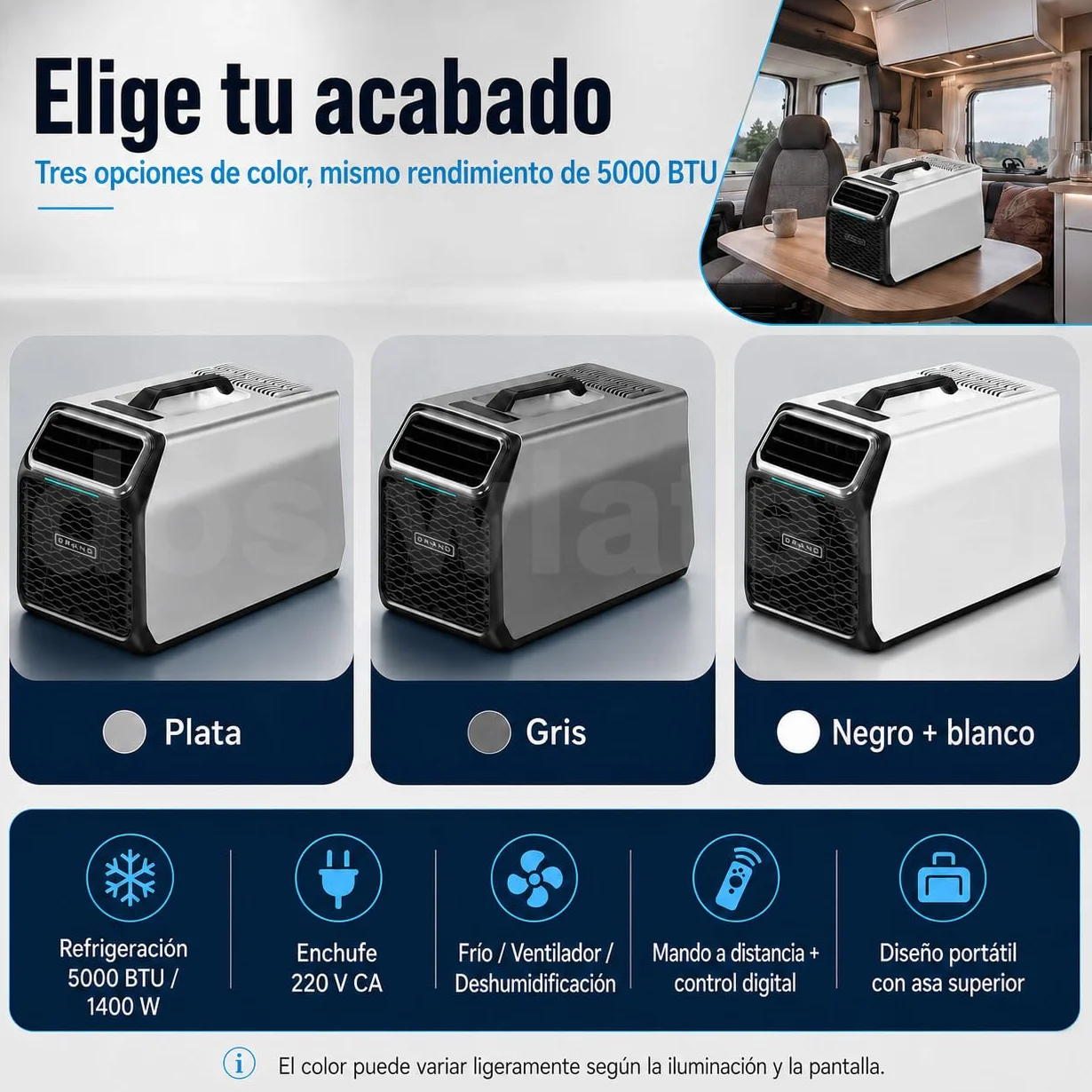Nuevo aire acondicionado portátil 5000 BTU, 220-240V para casa y caravana, con filtro lavable, modo deshumidificación, temporizador y modo sueño, ideal para habitaciones, oficina o van Silver-220V