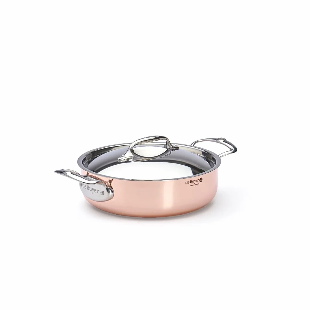 De Buyer, CACEROLA BAJA COBRE INOX INOCUIVRE CON MONTURAS INOX CON TAPADERA Ø 20 CM-35.5x22.5x7 cm-6441.20