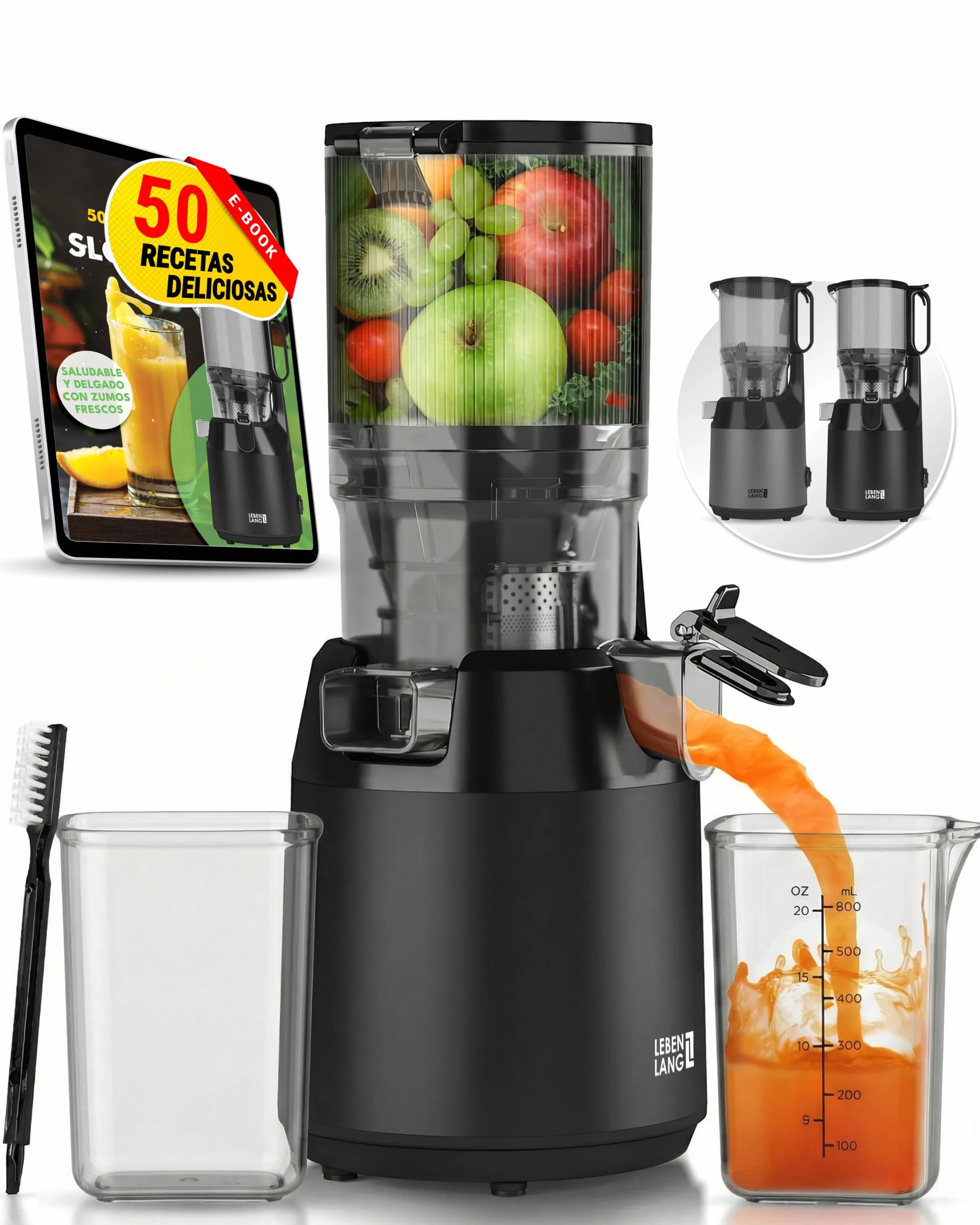 LEBENLANG Extractor de zumos y verduras - Incl. libro de recetas & gran abertura 130 mm I Perfecto para frutas enteras 100% libre de BPA I Licuadoras para batidos Slow Juicer machine prensado en frio
