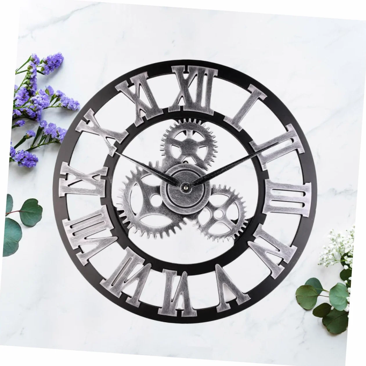 PRETYZOOM Reloj de Pared Diseño Original Estilo Industrial de 34 Cm en Madera Color Plata, Fácil de Instalar y Quitar para Salón u Oficina