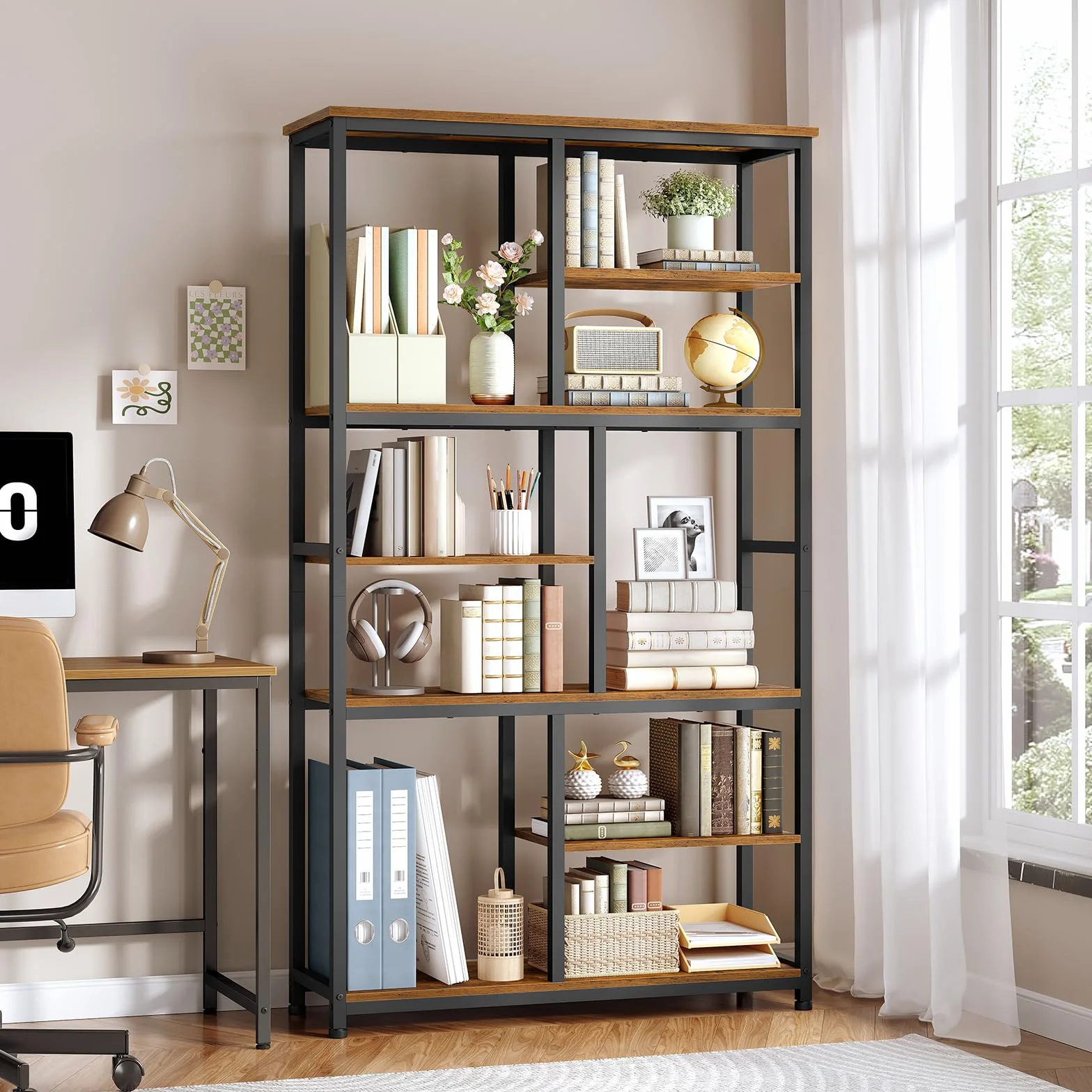 HOOBRO Librería de 7 Niveles, Estantería Abierta con 4 Patas Ajustables, Librería de Aglomerado y Estructura Metálica, para Salón y Despacho, 100 x 28 x 180 cm, Marrón Vintage y Negro EBF06SJ01